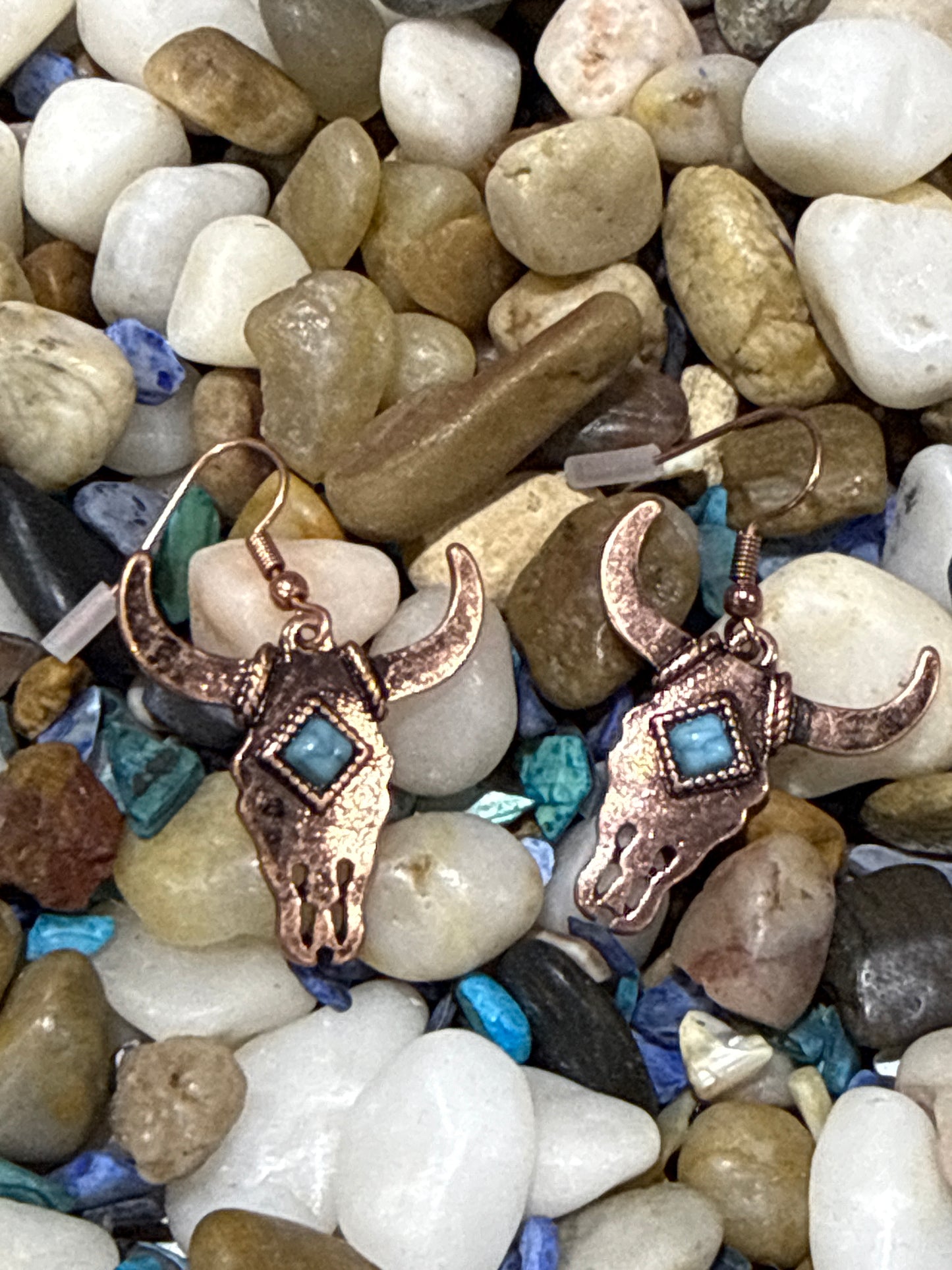 Bull Skull Dangle Earrings with Turquoise Center