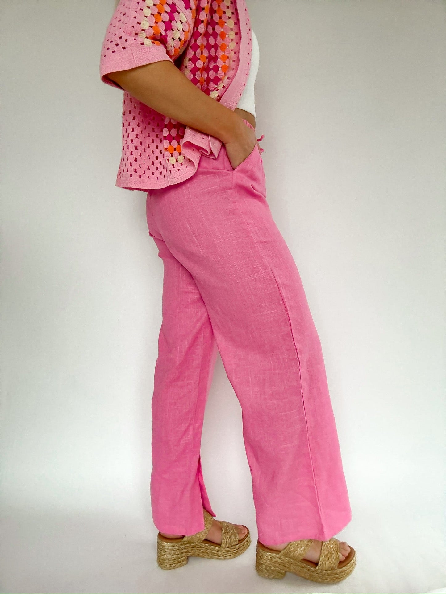 Elastic Waist Solid Linen Comfy Wide Pants