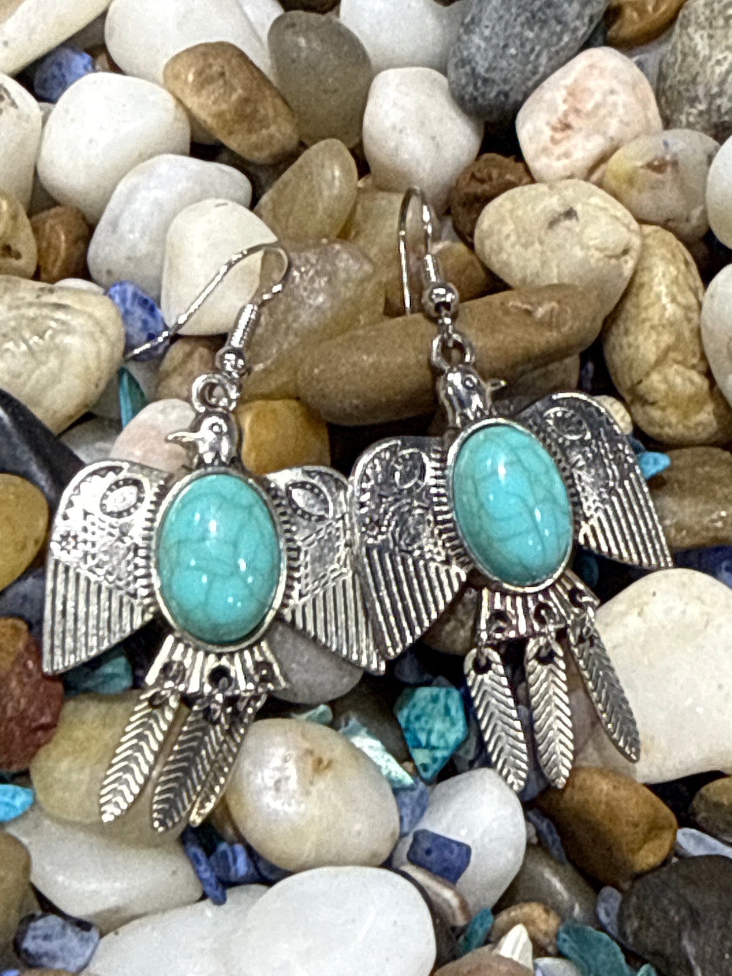Bird Earrings with Dangle Feathers and Turquoise Belly