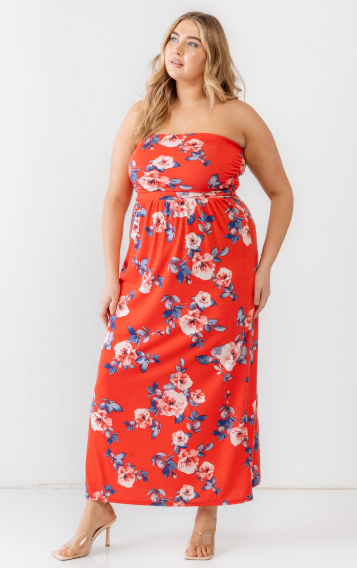 Red Rose Print Ruched Strapless Midi Dress- Plus