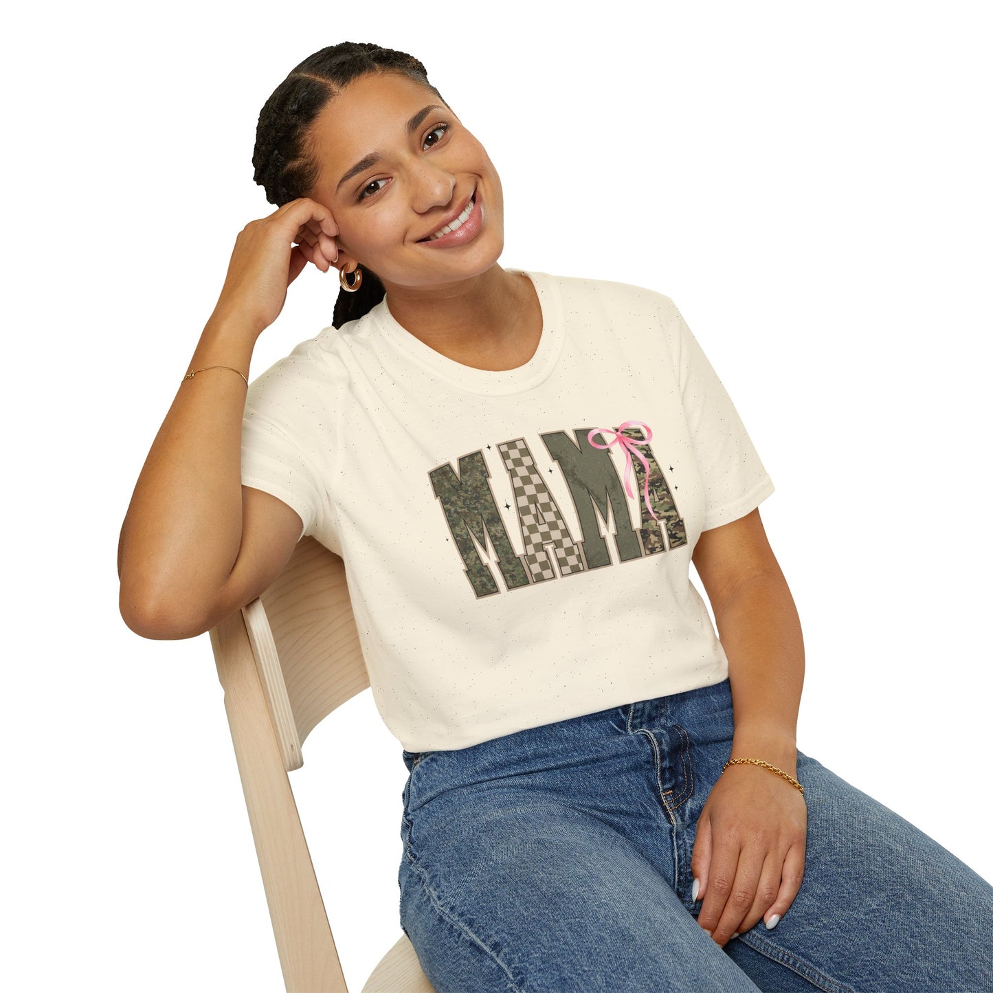 Coquette Mama green camo checkered board pink bow T-Shirt