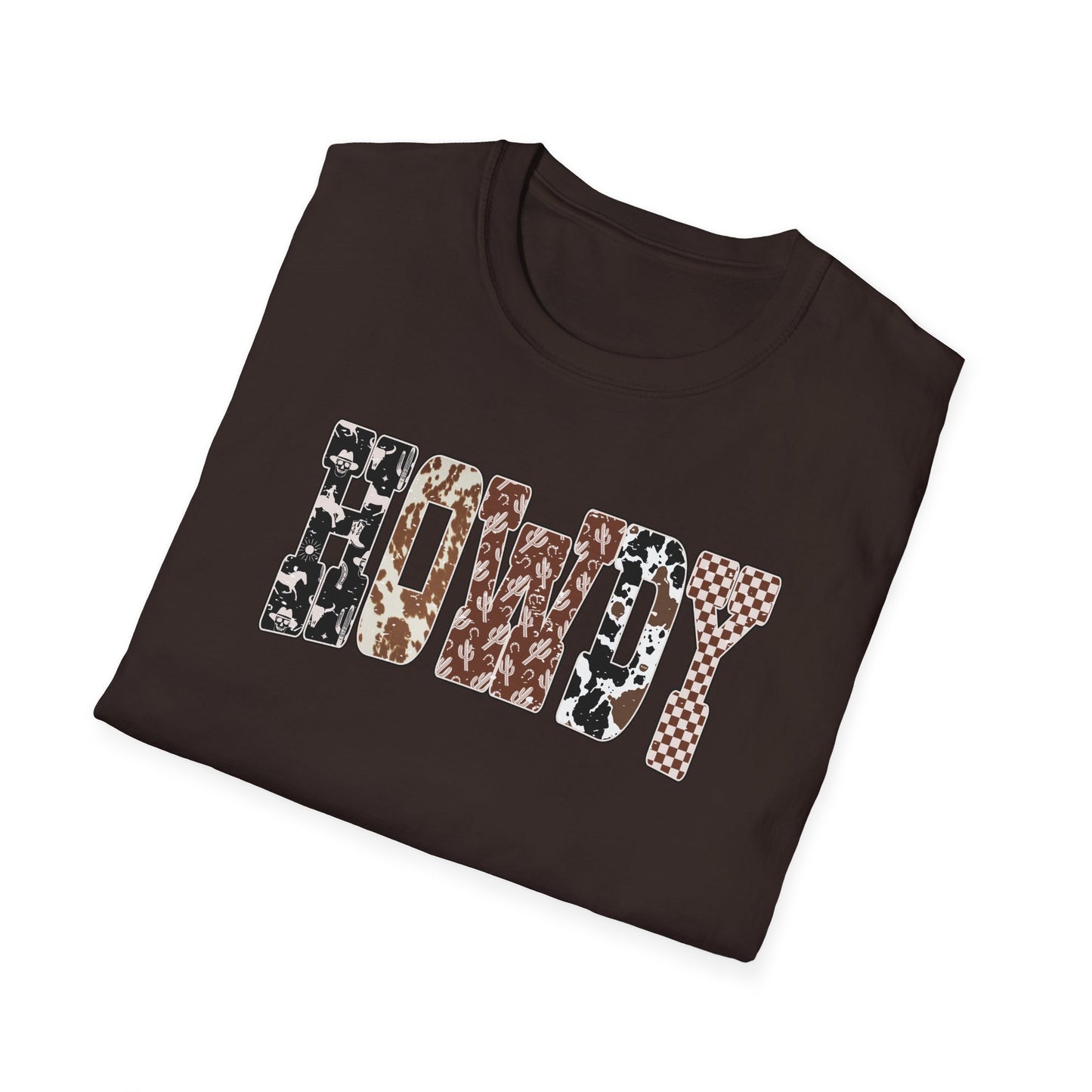 Howdy Graphic T-Shirt — Western Cowhide & Checkerboard Rustic Tee