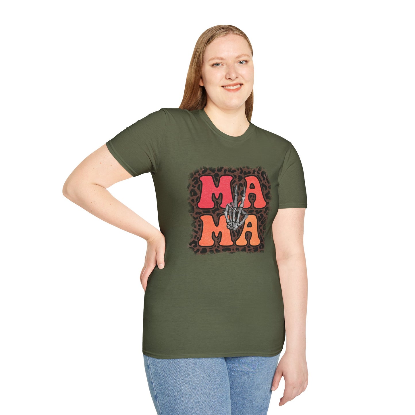 Mama Skeleton Hand Peace Sign T-Shirt | Leopard Background