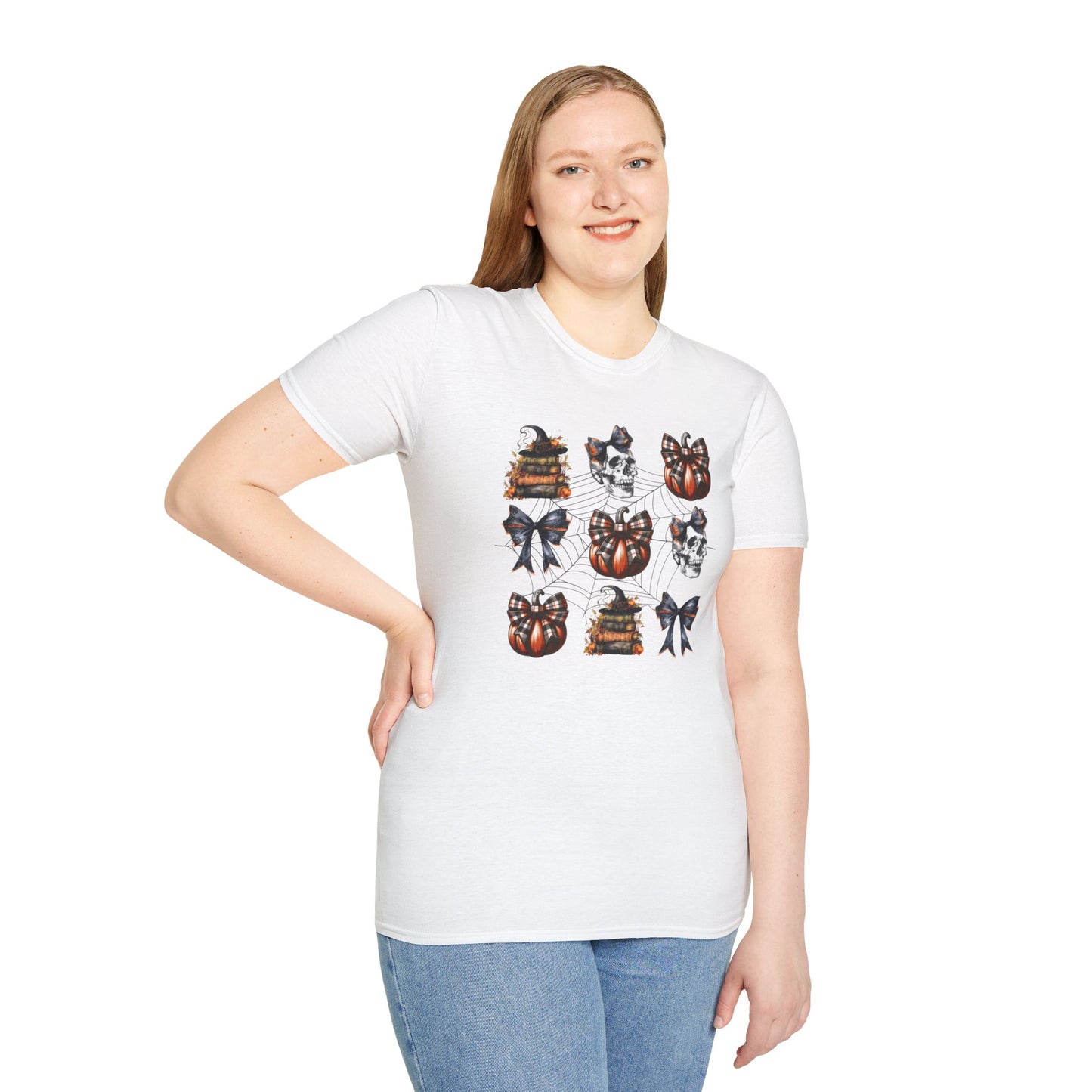 Gothic T-Shirt with Book Stacks and Pumpkins