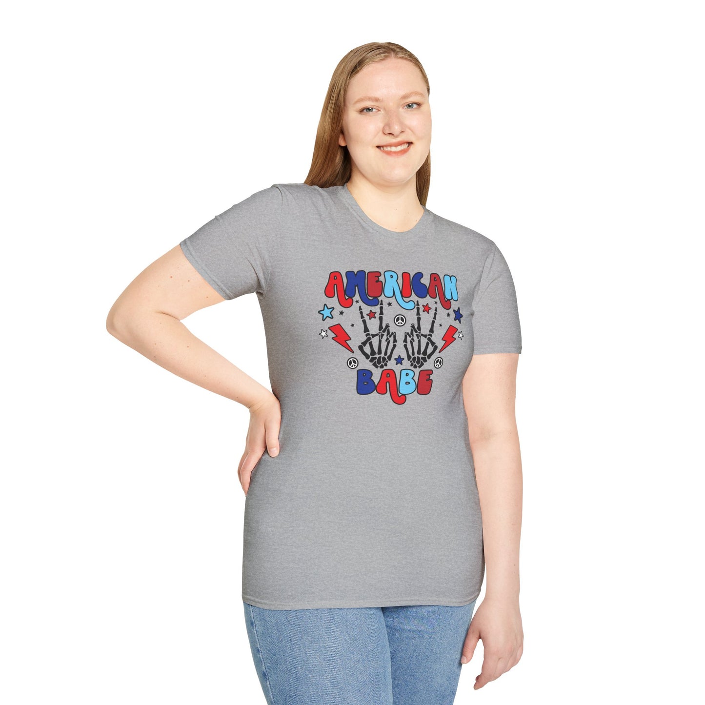 American Babe Graphic T-Shirt — Red White & Blue Peace Skeleton Hands