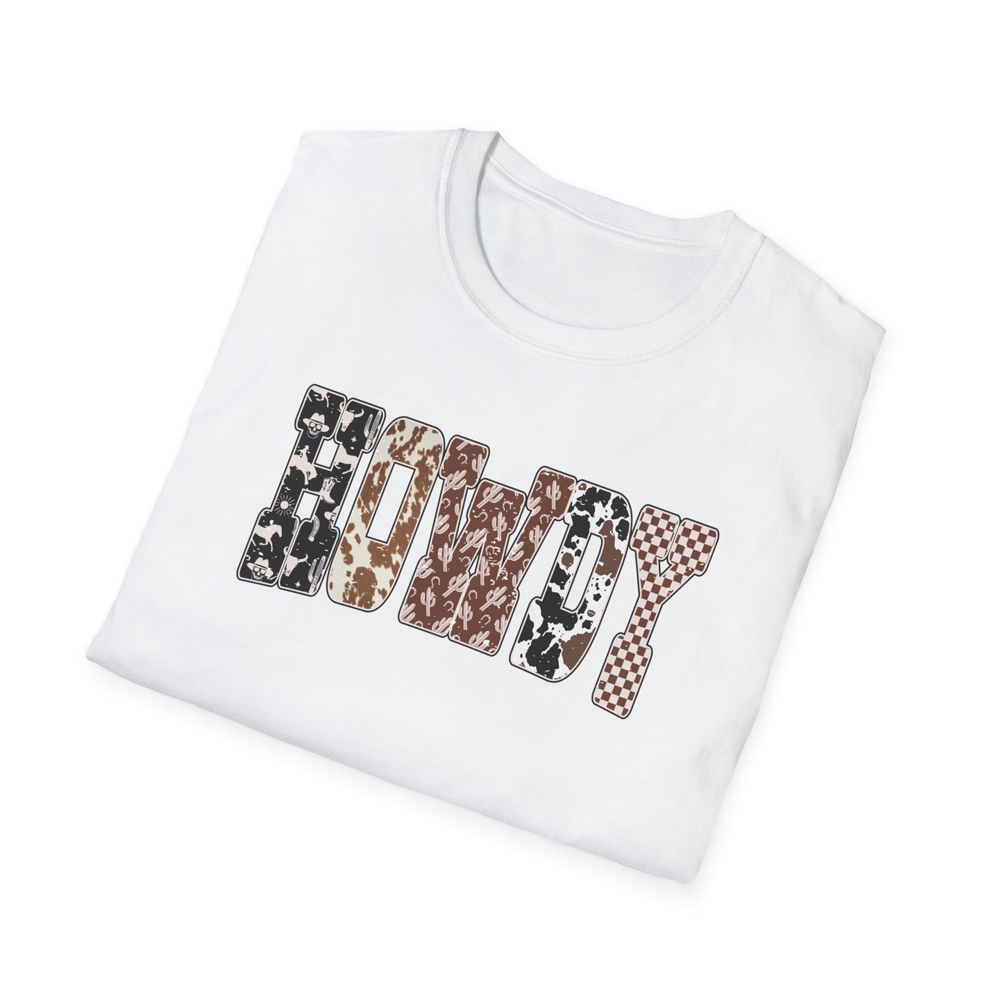 Howdy Graphic T-Shirt — Western Cowhide & Checkerboard Rustic Tee
