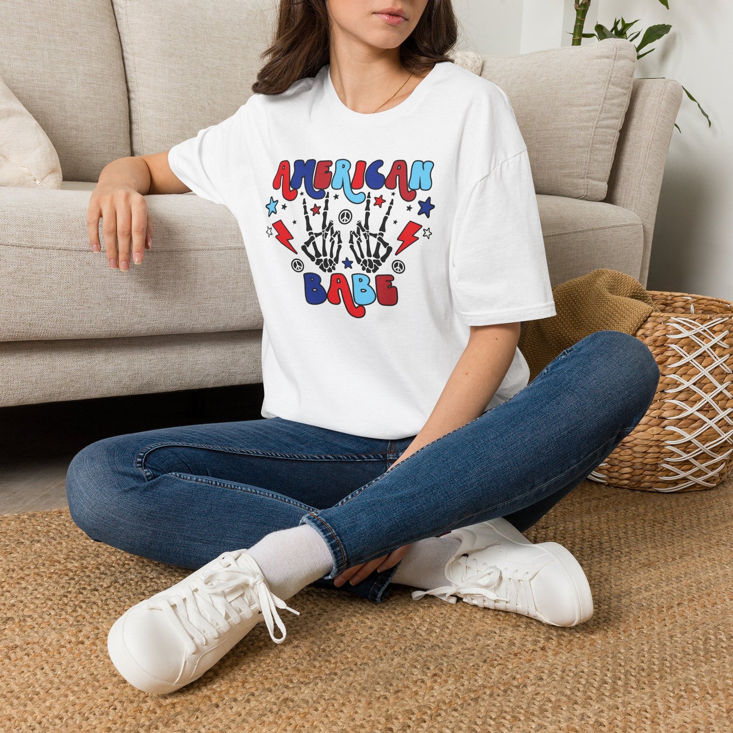 American Babe Graphic T-Shirt — Red White & Blue Peace Skeleton Hands