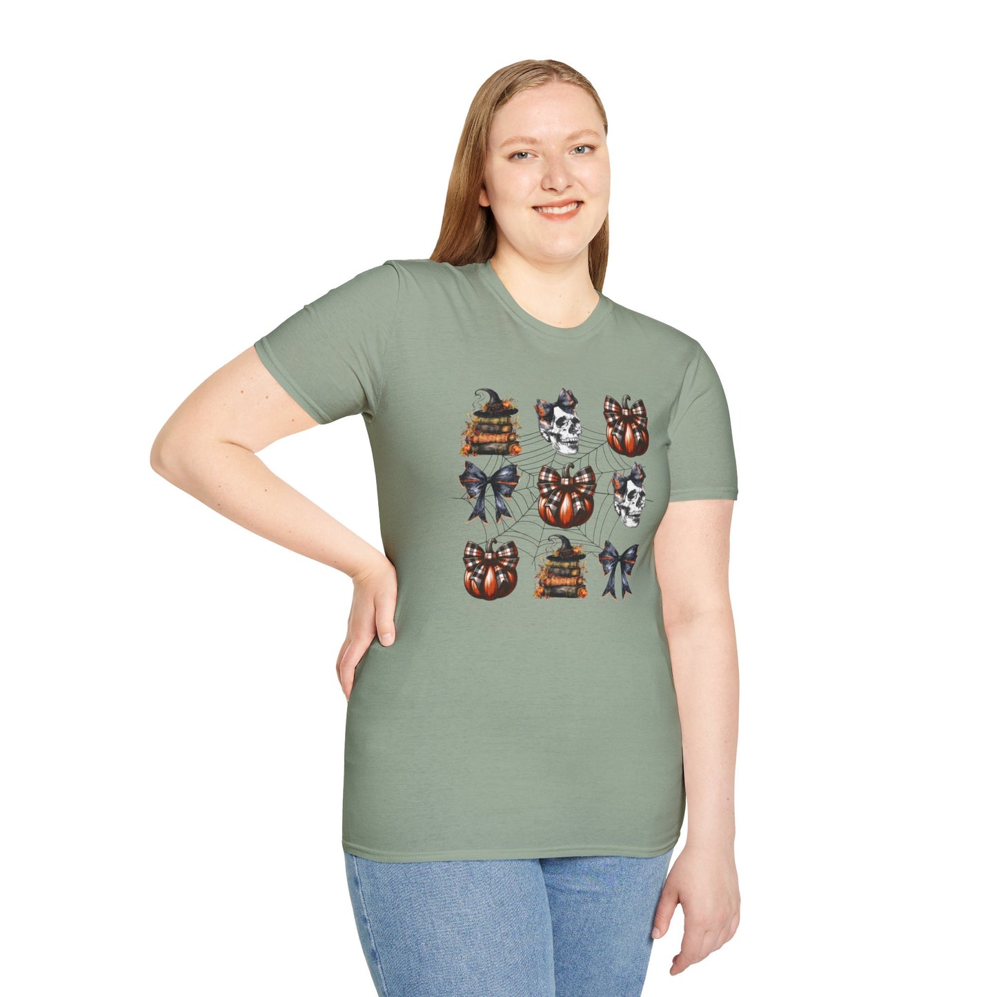 Gothic T-Shirt with Book Stacks and Pumpkins