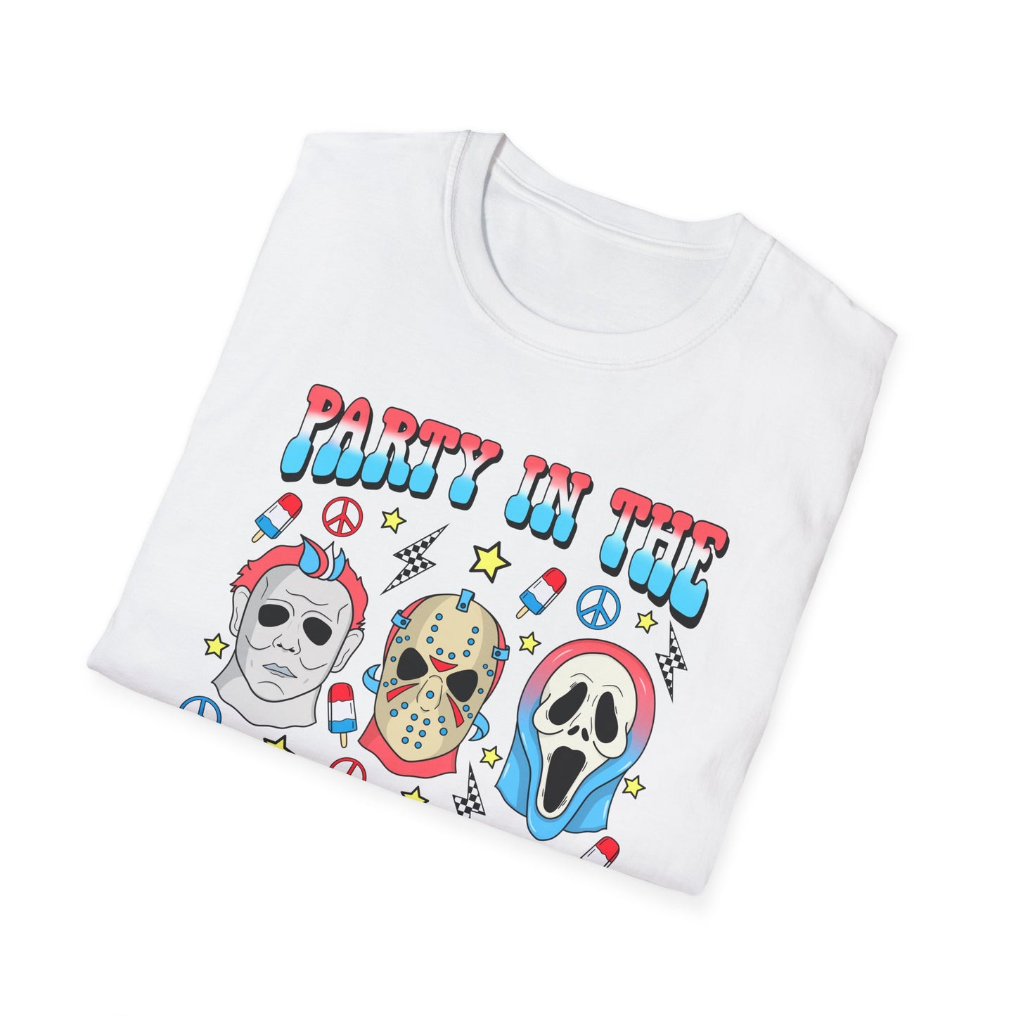 Party in the USA Horror T-Shirt — Red, White & Blue Horror Characters