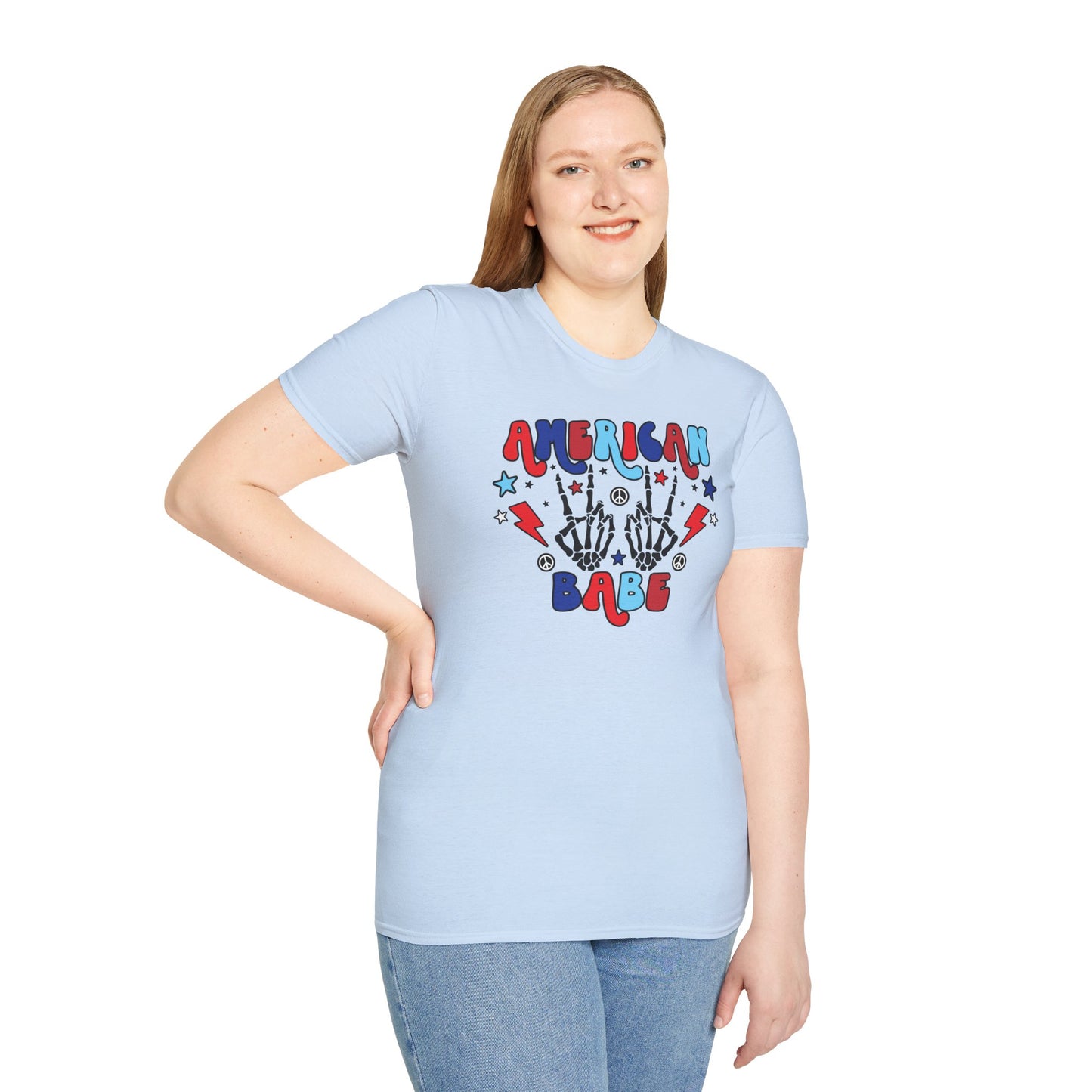 American Babe Graphic T-Shirt — Red White & Blue Peace Skeleton Hands