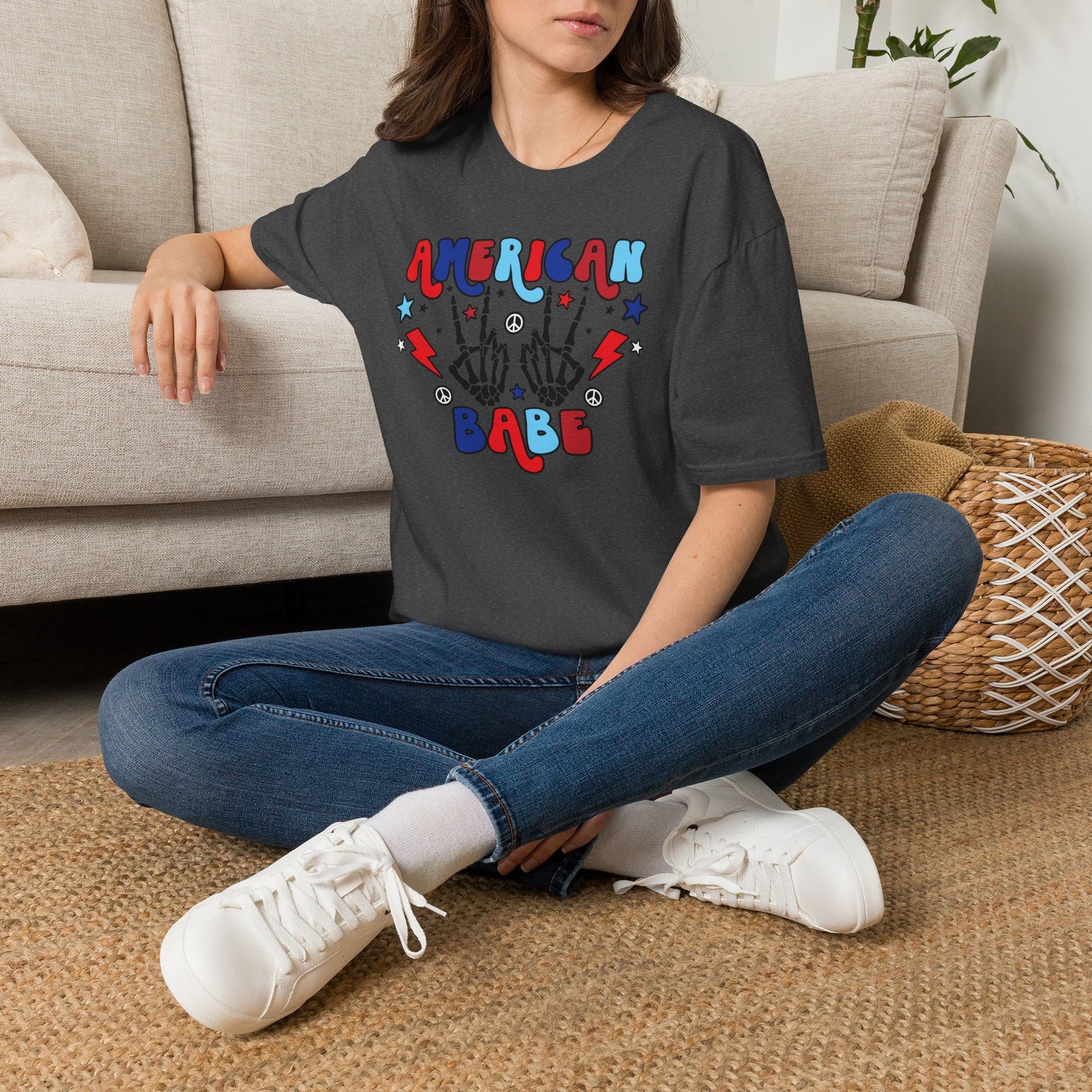 American Babe Graphic T-Shirt — Red White & Blue Peace Skeleton Hands