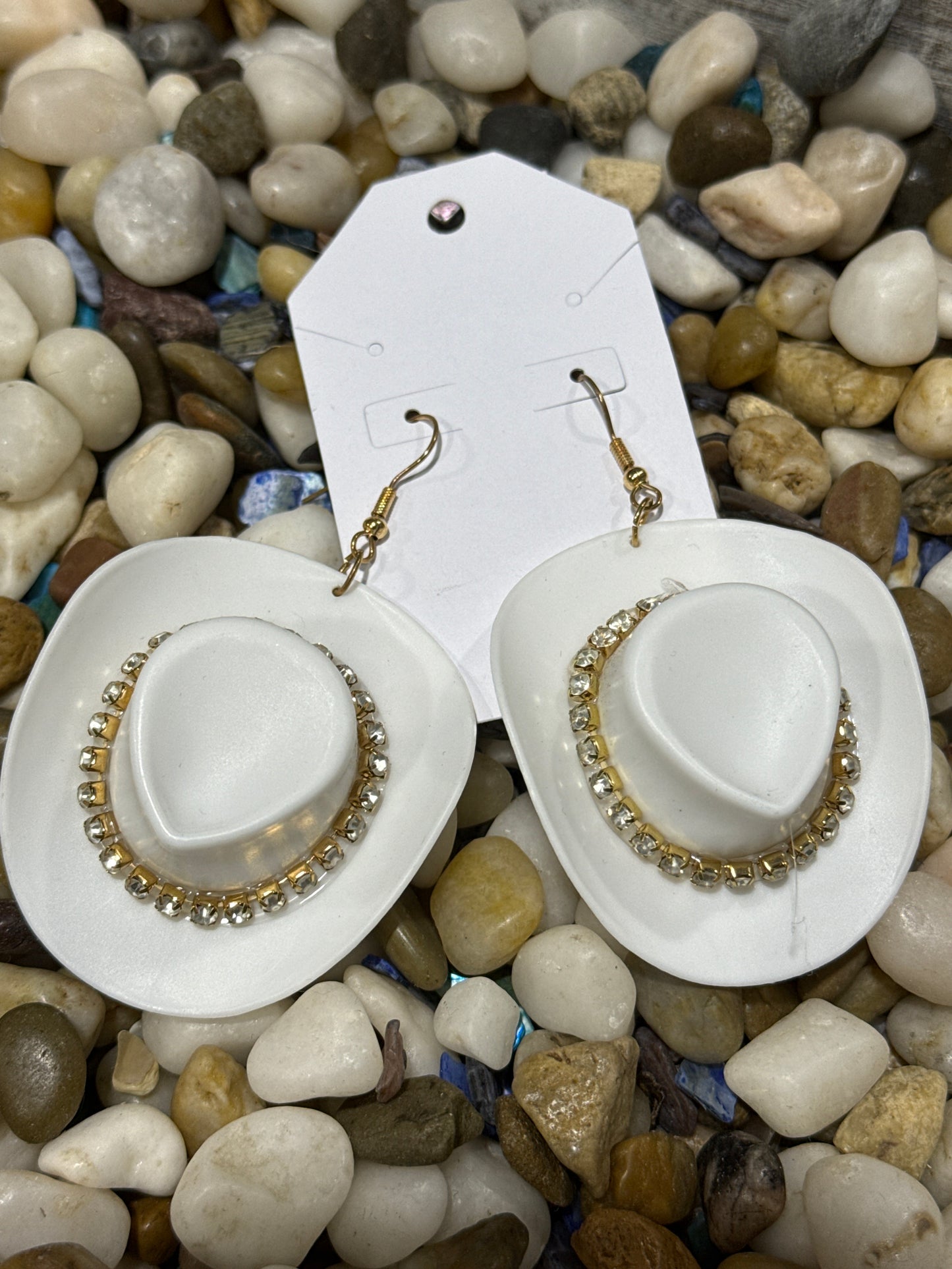 White Cowboy Hat Earrings with Gold Rhinestone