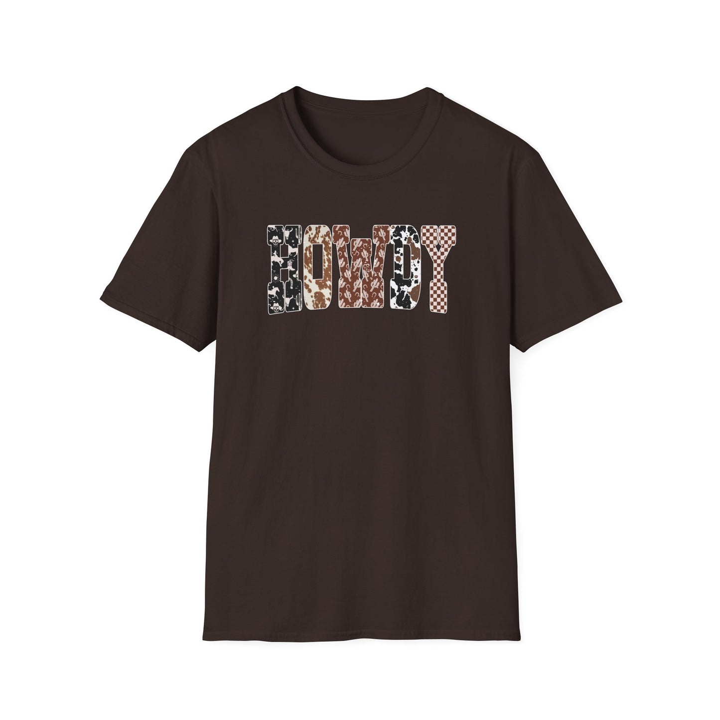 Howdy Graphic T-Shirt — Western Cowhide & Checkerboard Rustic Tee