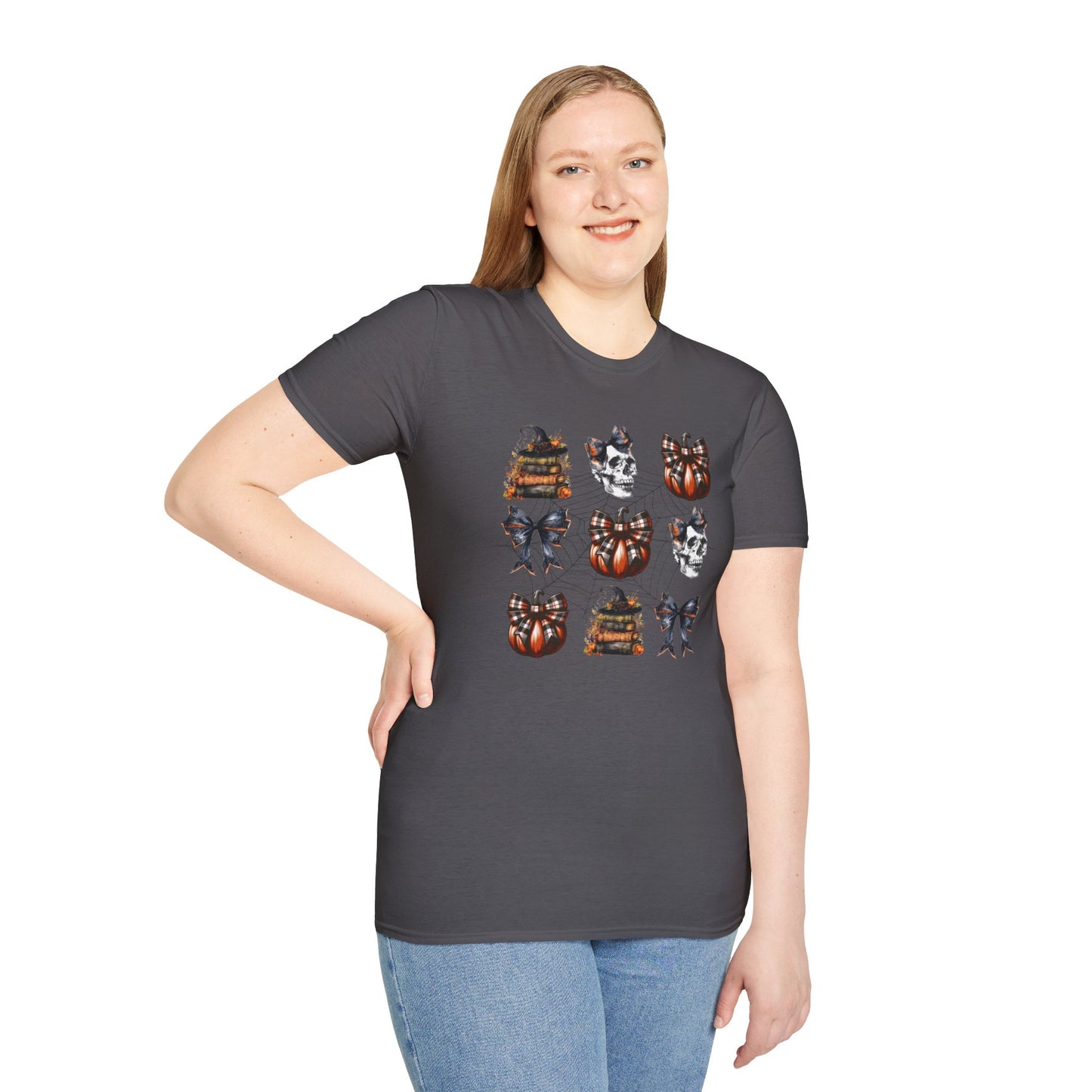 Gothic T-Shirt with Book Stacks and Pumpkins