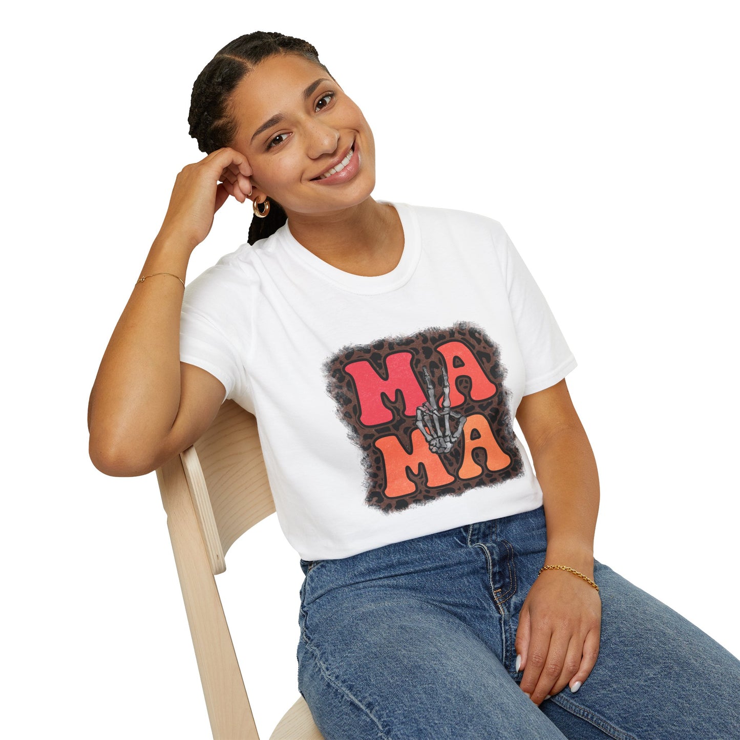 Mama Skeleton Hand Peace Sign T-Shirt | Leopard Background