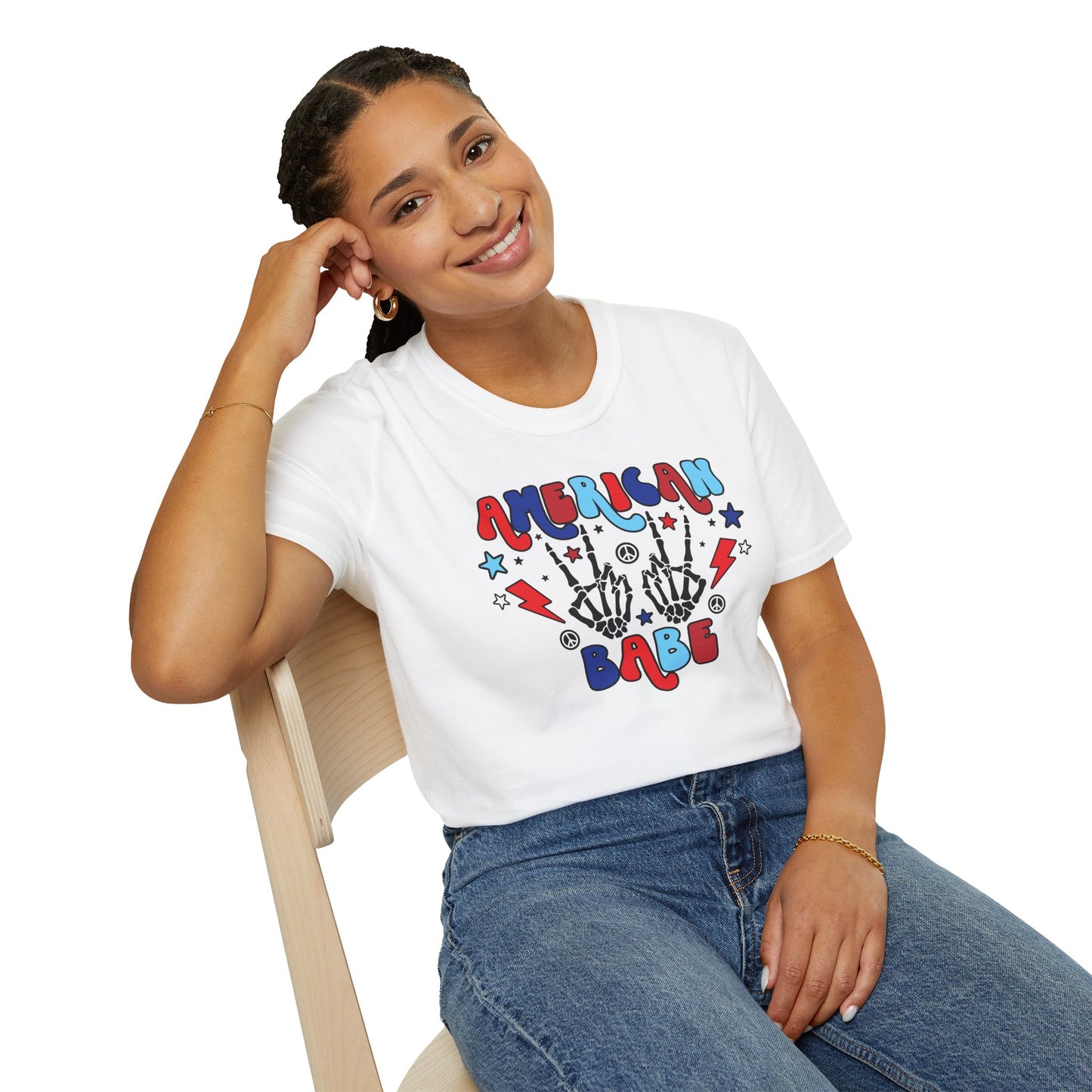 American Babe Graphic T-Shirt — Red White & Blue Peace Skeleton Hands