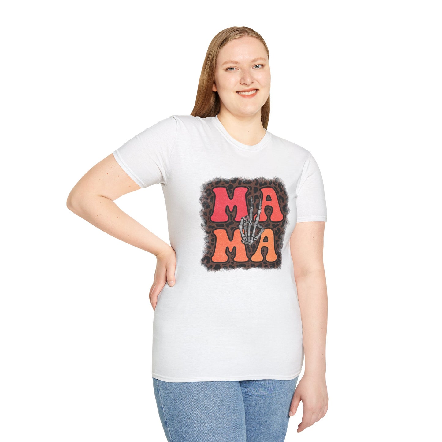 Mama Skeleton Hand Peace Sign T-Shirt | Leopard Background