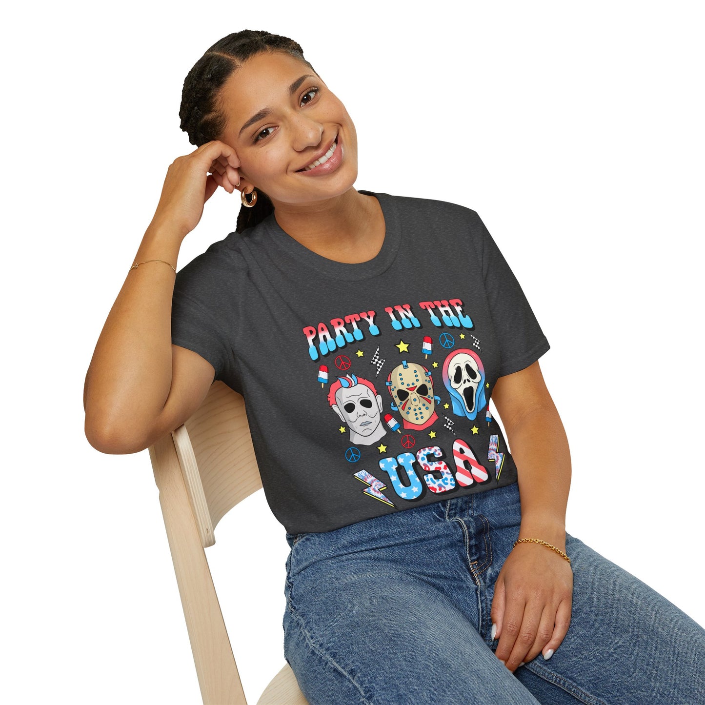 Party in the USA Horror T-Shirt — Red, White & Blue Horror Characters