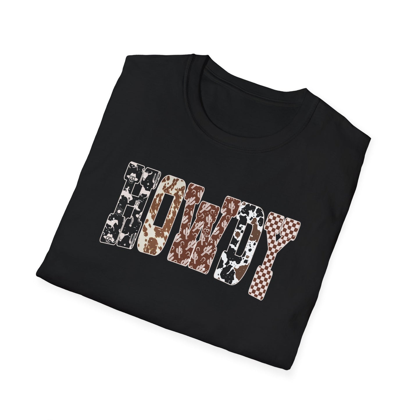 Howdy Graphic T-Shirt — Western Cowhide & Checkerboard Rustic Tee