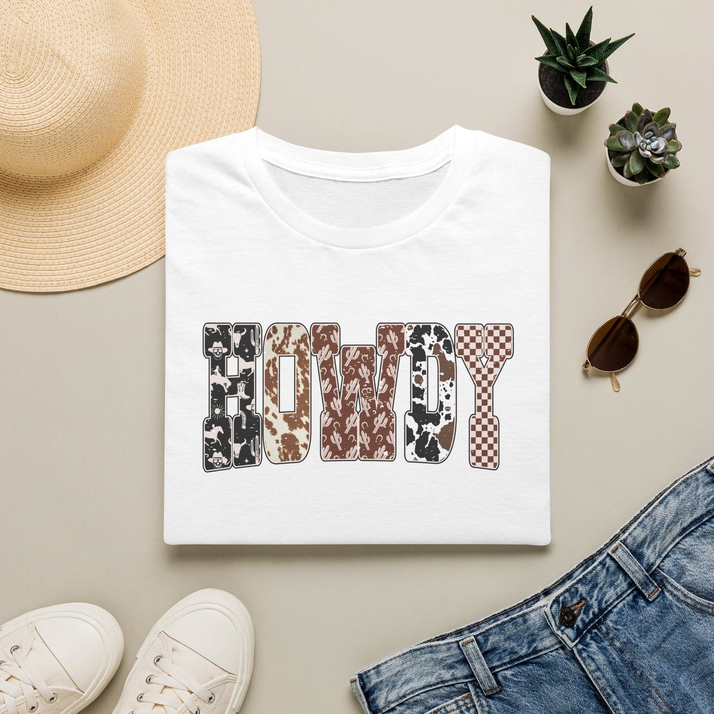 Howdy Graphic T-Shirt — Western Cowhide & Checkerboard Rustic Tee