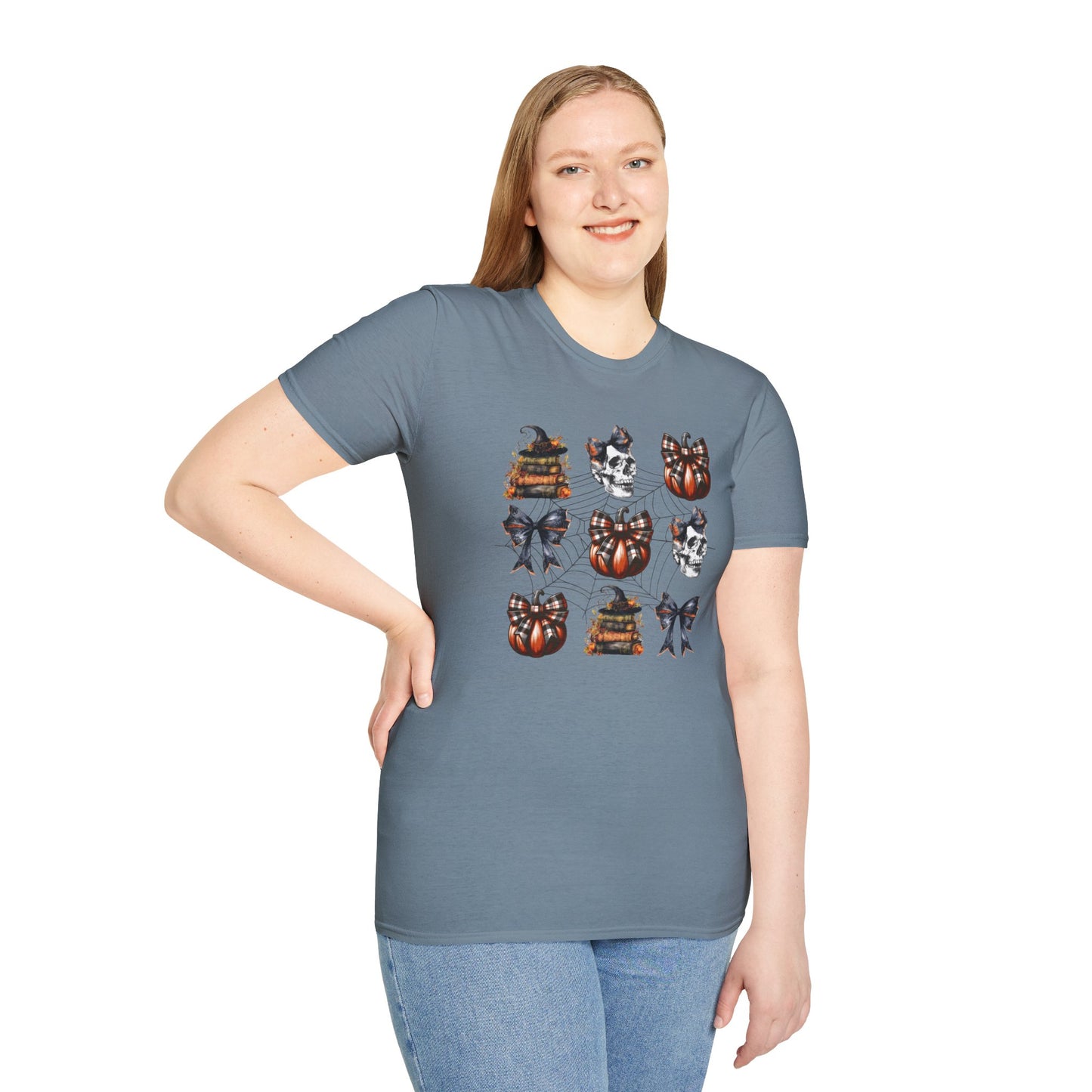 Gothic T-Shirt with Book Stacks and Pumpkins