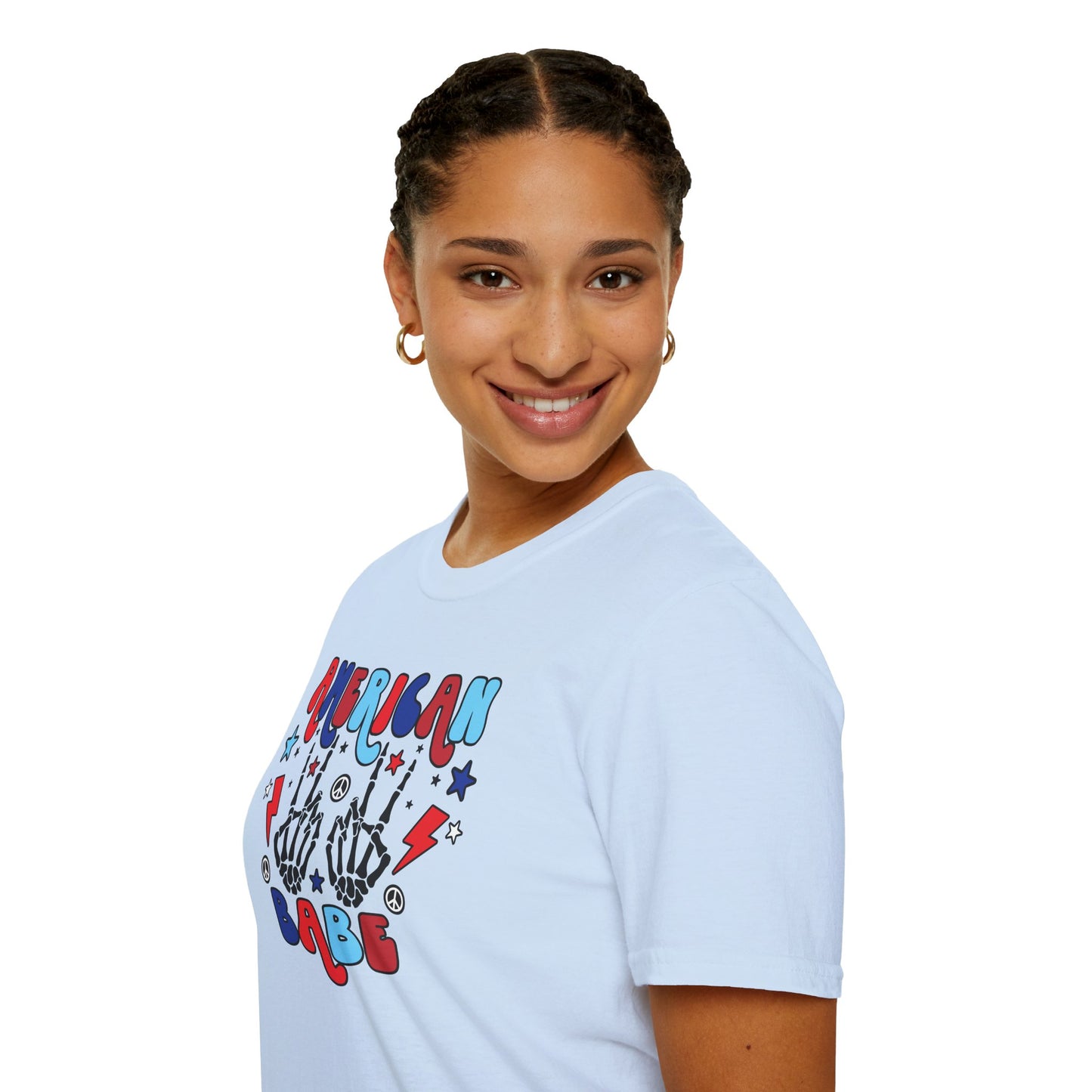 American Babe Graphic T-Shirt — Red White & Blue Peace Skeleton Hands