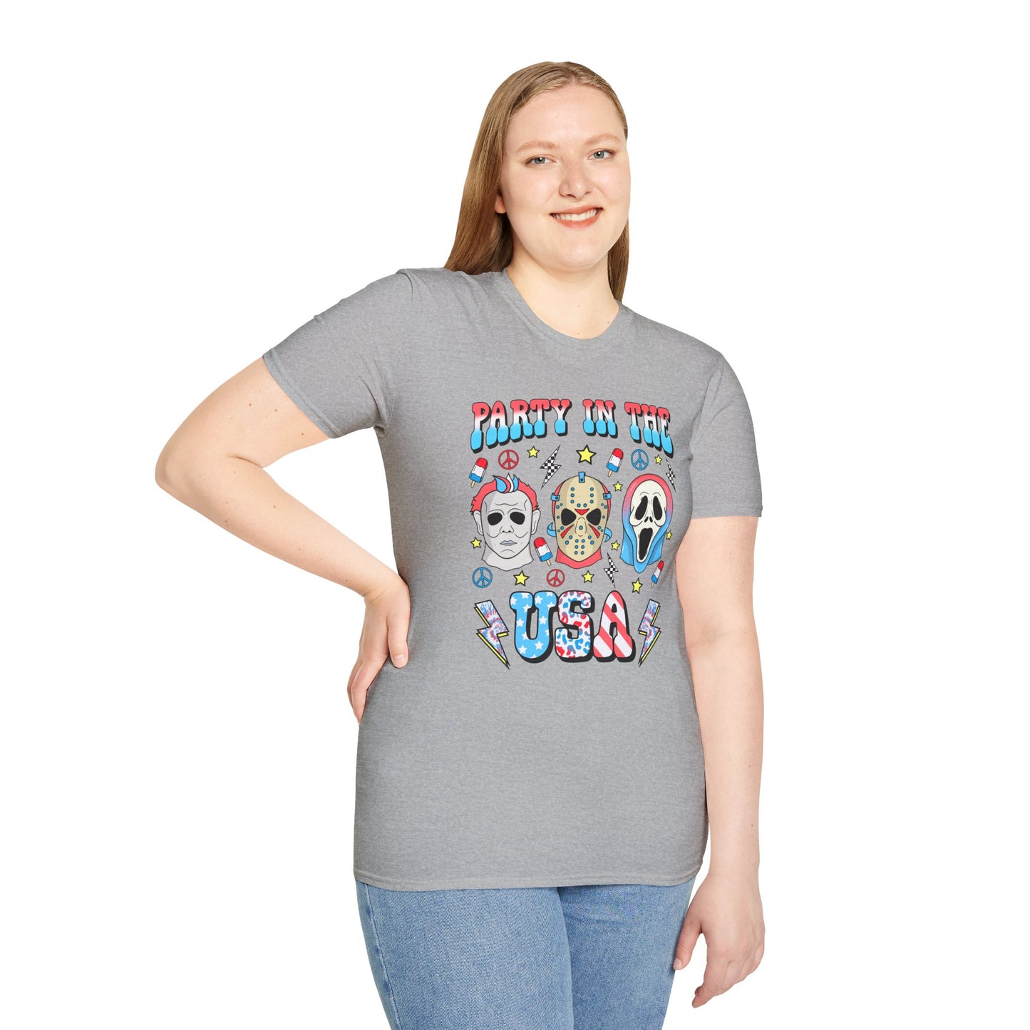 Party in the USA Horror T-Shirt — Red, White & Blue Horror Characters