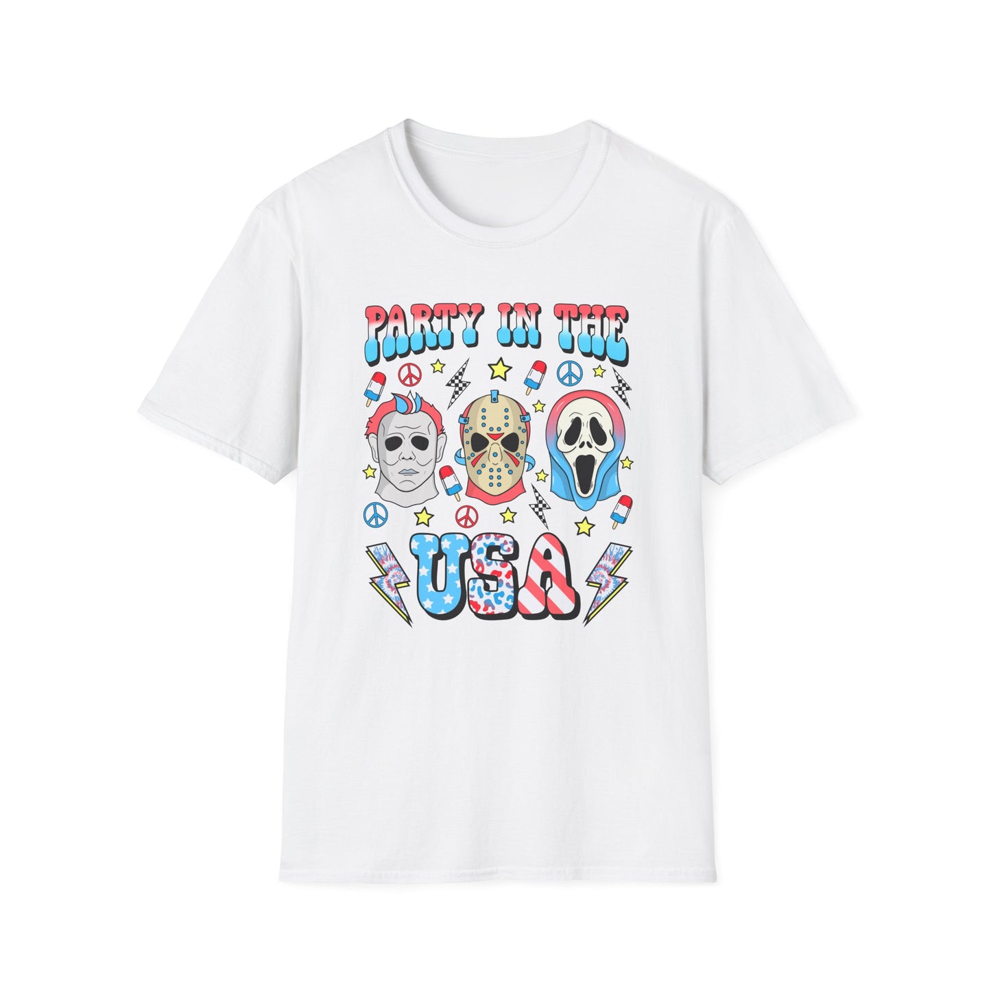 Party in the USA Horror T-Shirt — Red, White & Blue Horror Characters