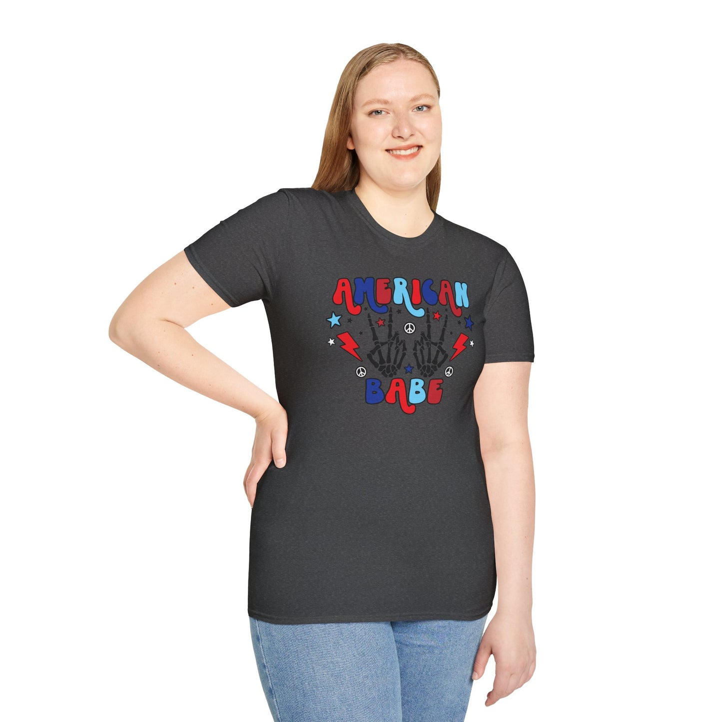 American Babe Graphic T-Shirt — Red White & Blue Peace Skeleton Hands