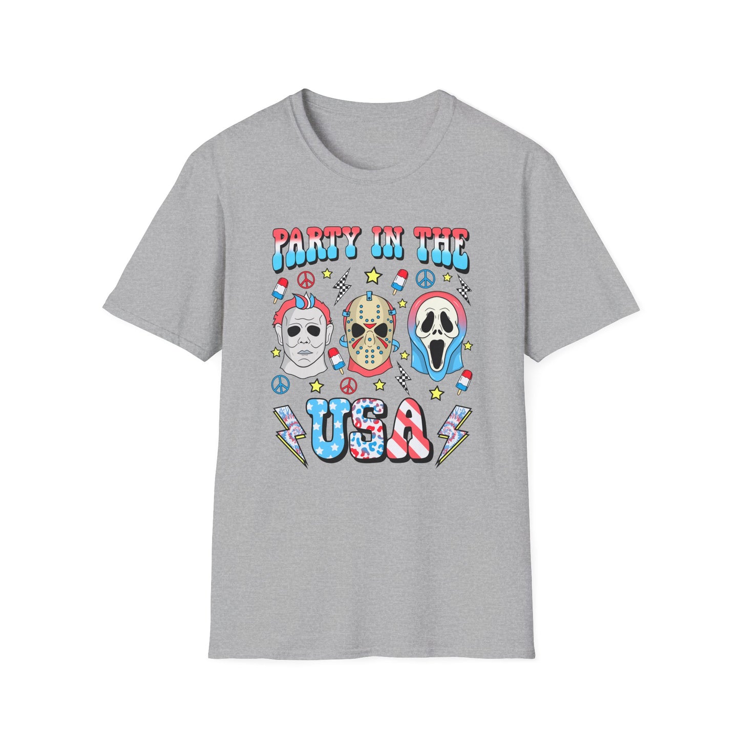 Party in the USA Horror T-Shirt — Red, White & Blue Horror Characters