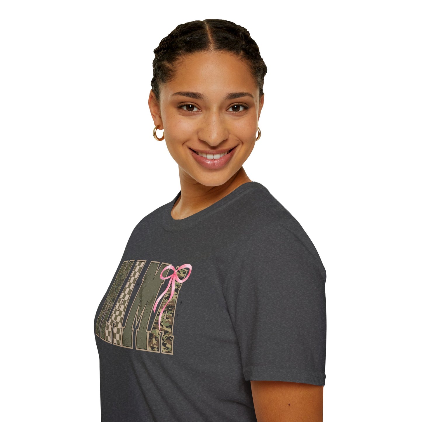 Coquette Mama green camo checkered board pink bow T-Shirt
