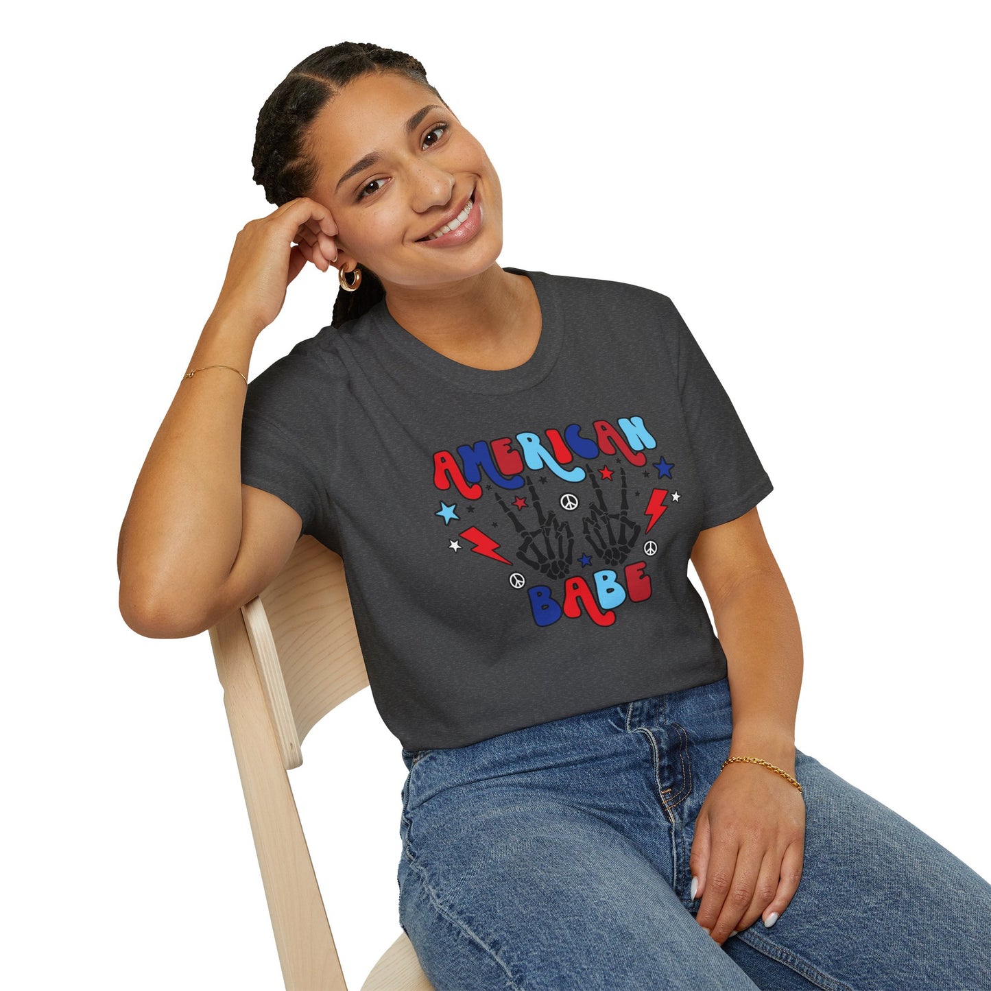 American Babe Graphic T-Shirt — Red White & Blue Peace Skeleton Hands