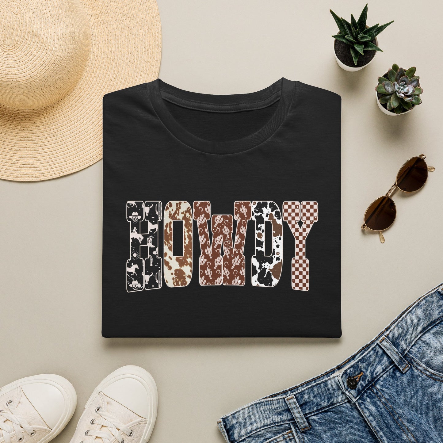 Howdy Graphic T-Shirt — Western Cowhide & Checkerboard Rustic Tee