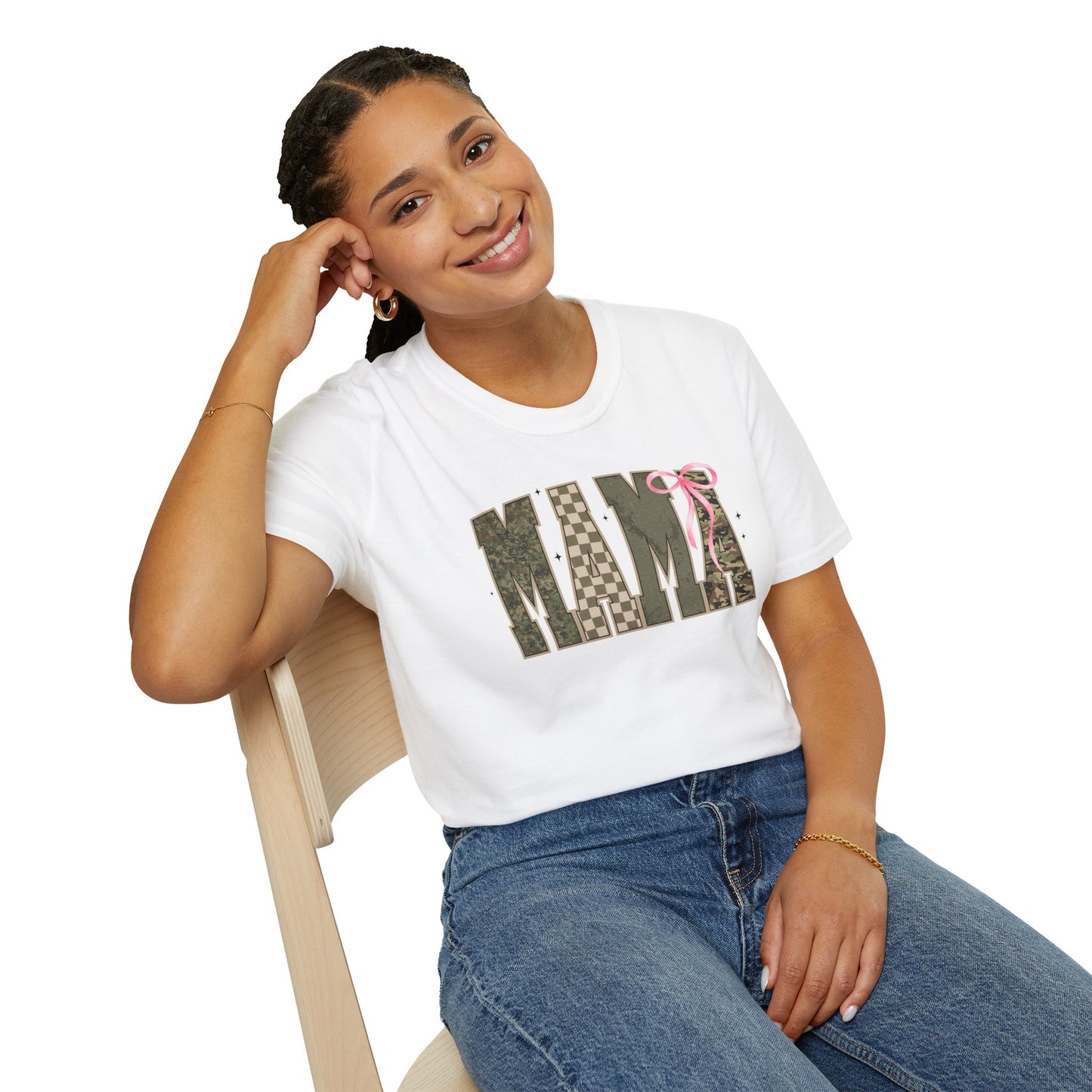 Coquette Mama green camo checkered board pink bow T-Shirt