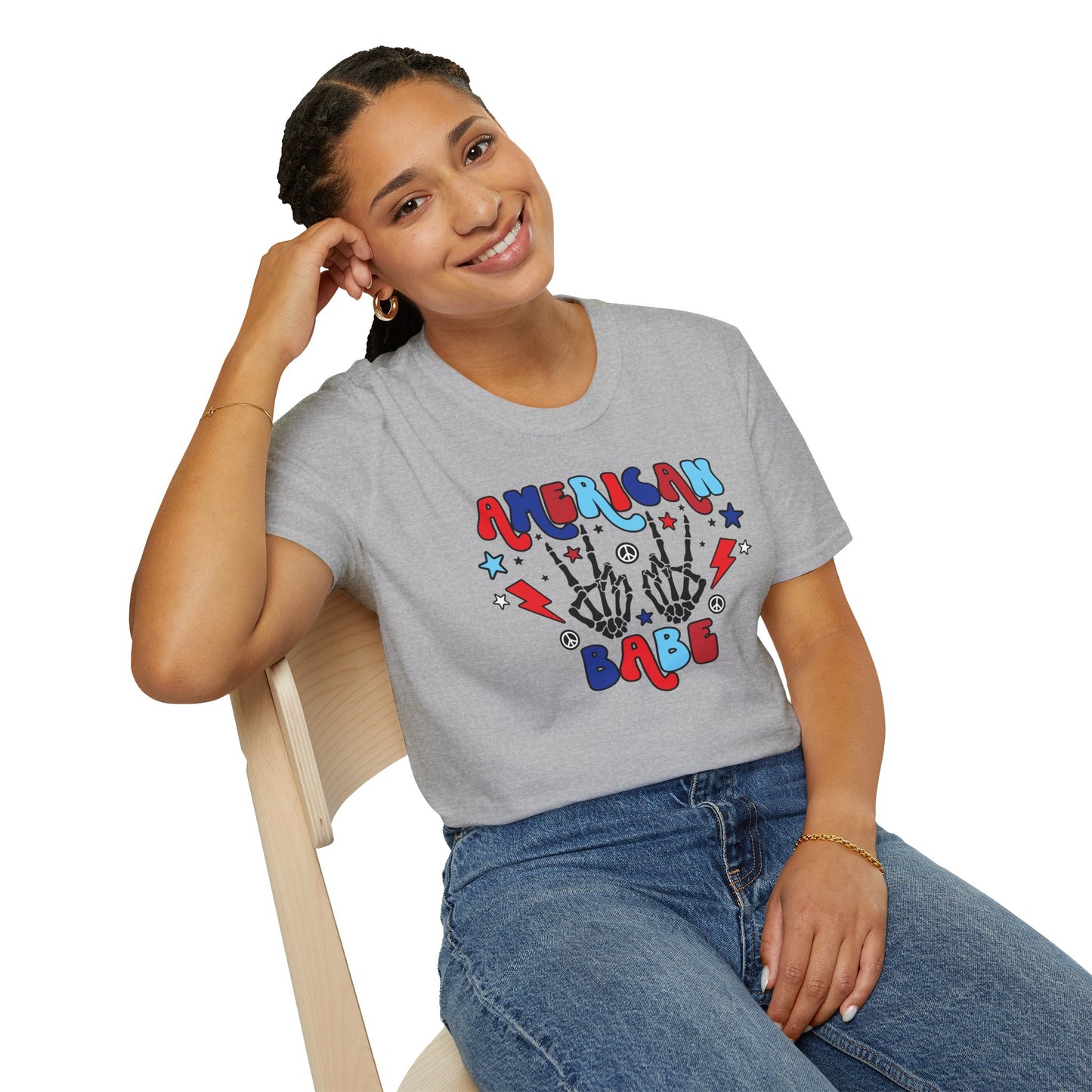 American Babe Graphic T-Shirt — Red White & Blue Peace Skeleton Hands
