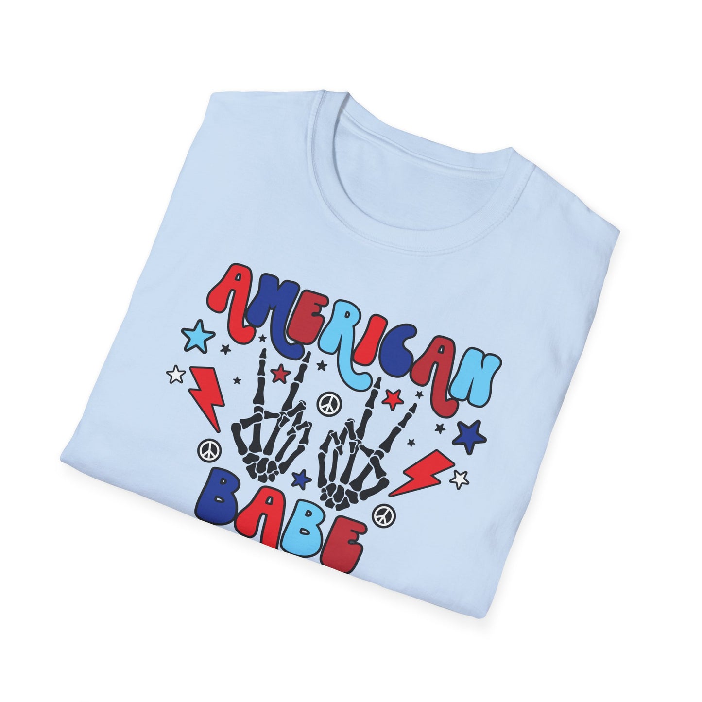 American Babe Graphic T-Shirt — Red White & Blue Peace Skeleton Hands