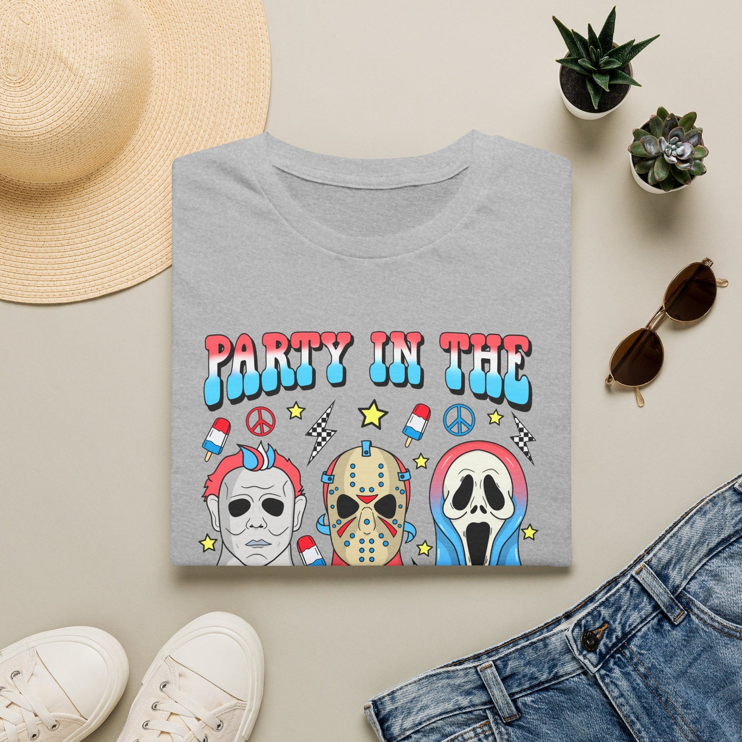 Party in the USA Horror T-Shirt — Red, White & Blue Horror Characters
