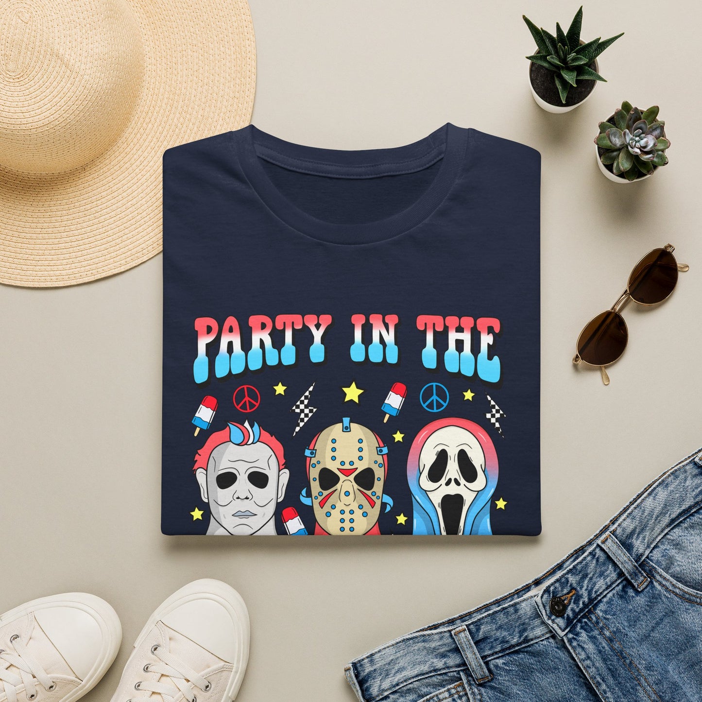 Party in the USA Horror T-Shirt — Red, White & Blue Horror Characters