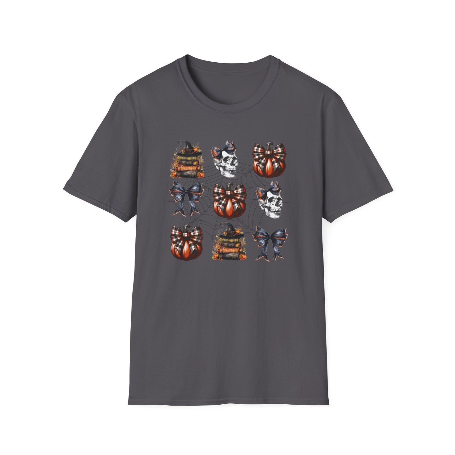 Gothic T-Shirt with Book Stacks and Pumpkins