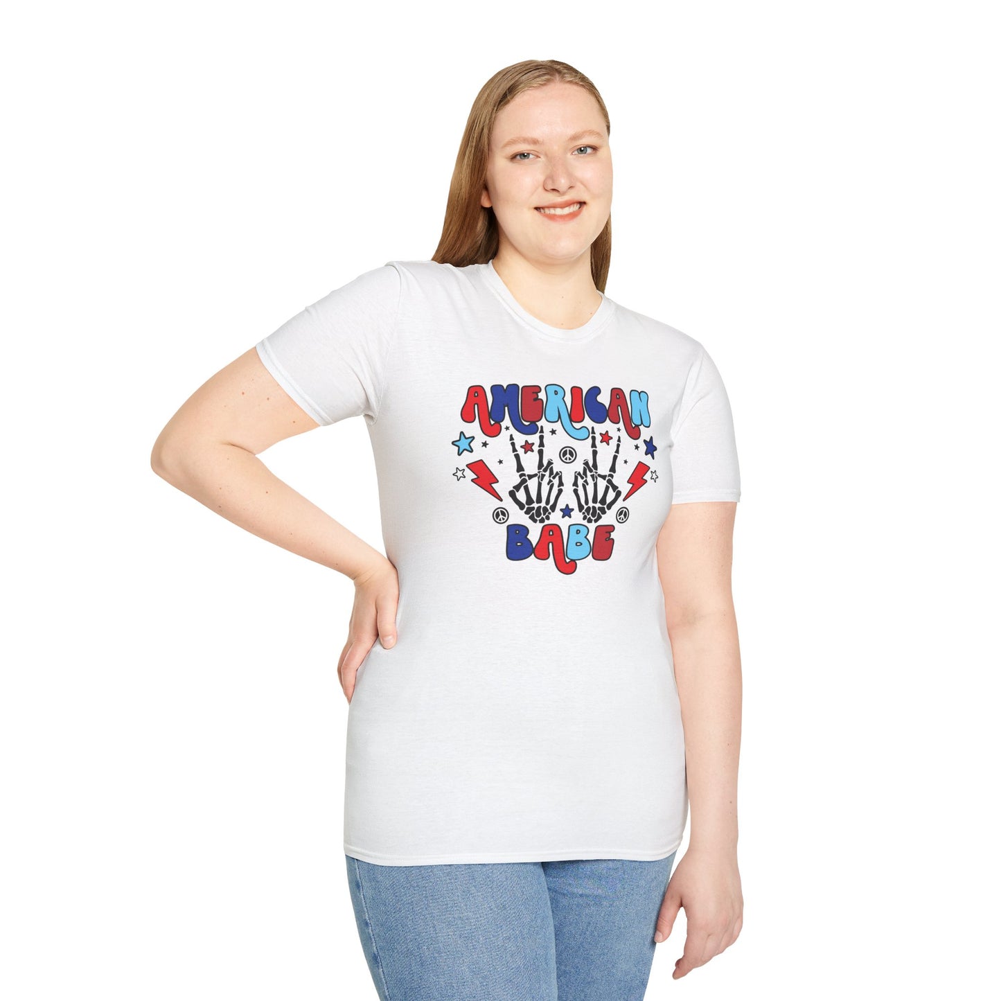 American Babe Graphic T-Shirt — Red White & Blue Peace Skeleton Hands