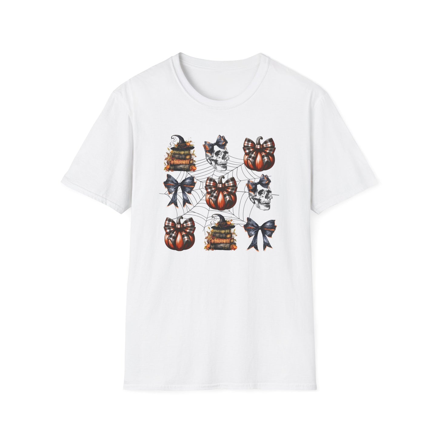 Gothic T-Shirt with Book Stacks and Pumpkins