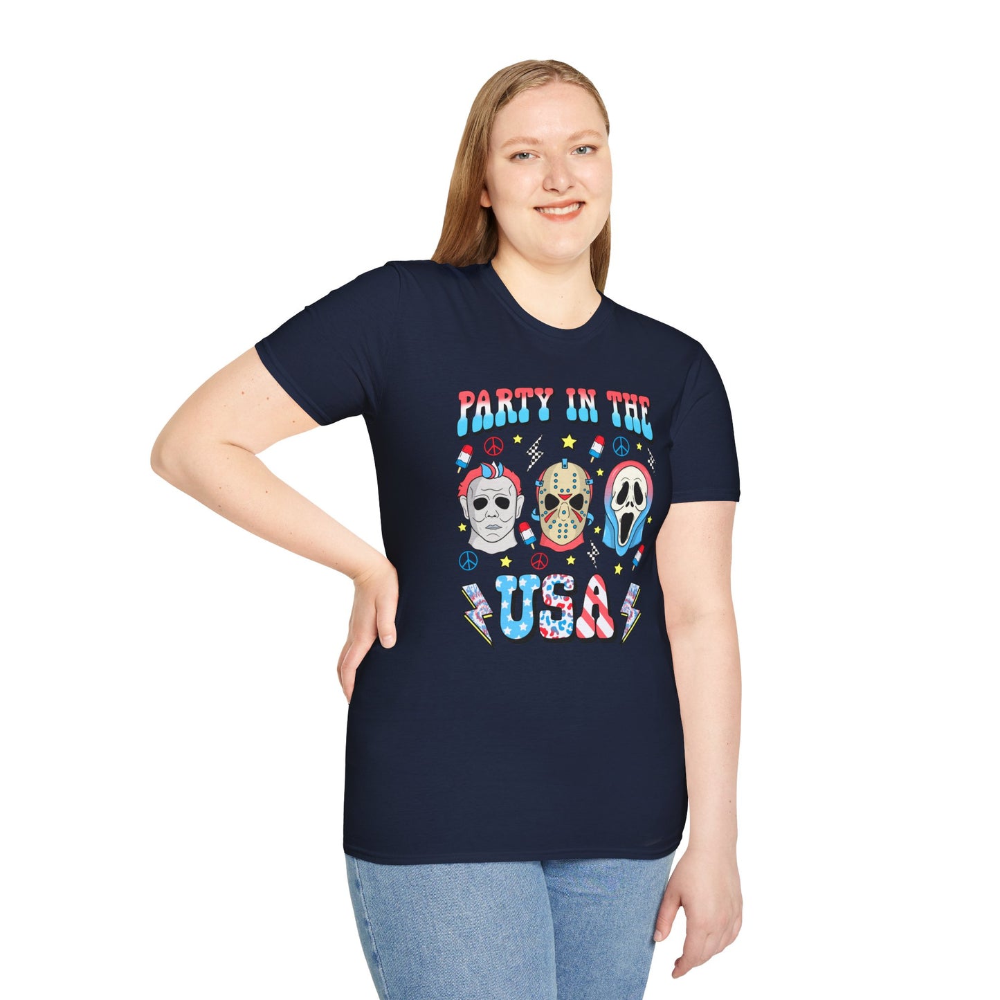 Party in the USA Horror T-Shirt — Red, White & Blue Horror Characters