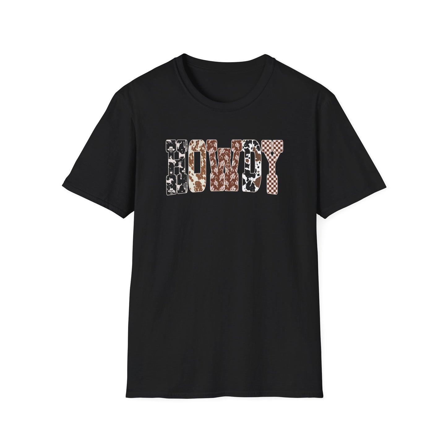 Howdy Graphic T-Shirt — Western Cowhide & Checkerboard Rustic Tee