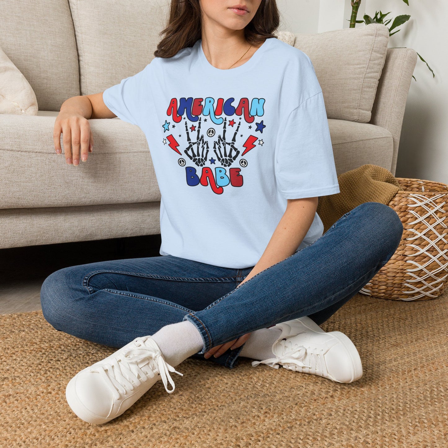 American Babe Graphic T-Shirt — Red White & Blue Peace Skeleton Hands