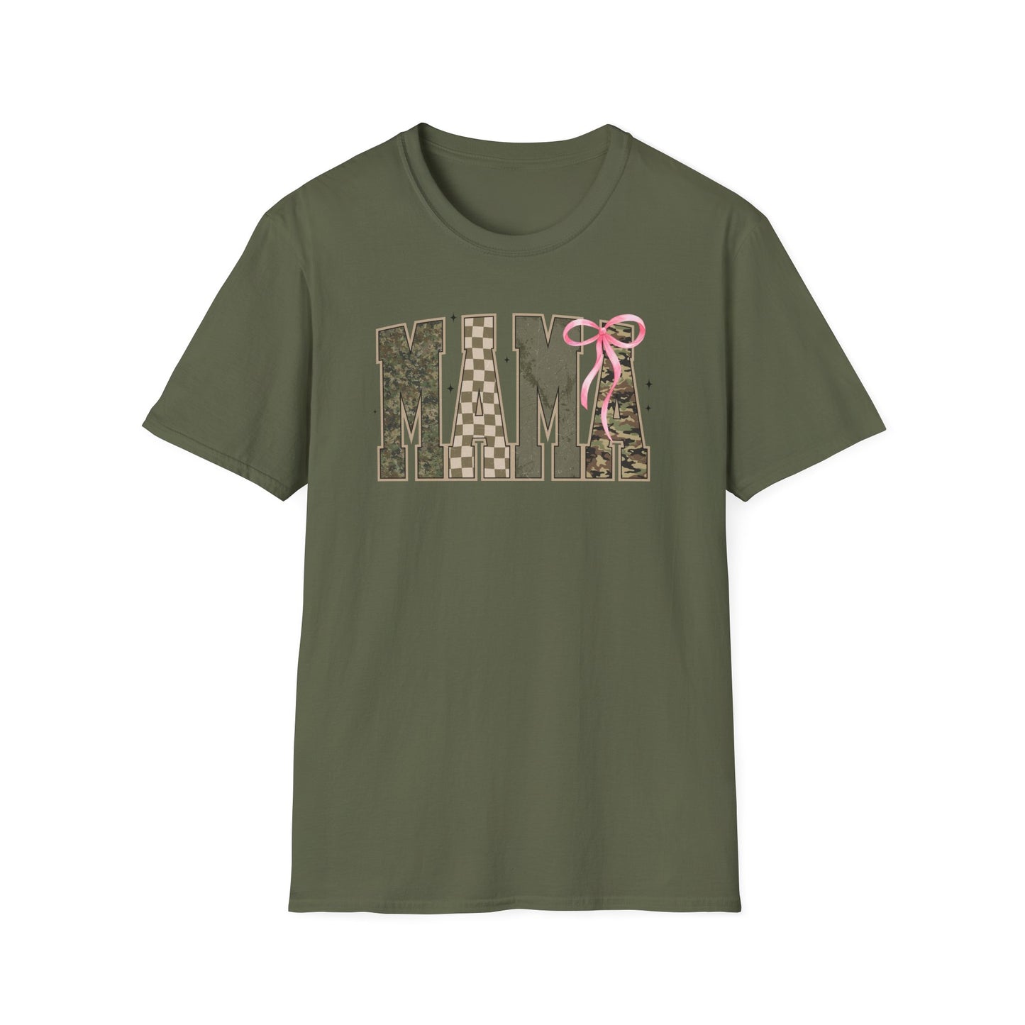 Coquette Mama green camo checkered board pink bow T-Shirt