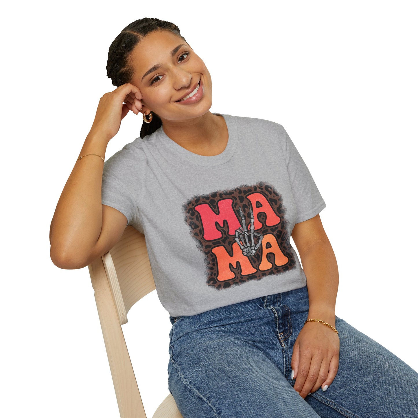 Mama Skeleton Hand Peace Sign T-Shirt | Leopard Background