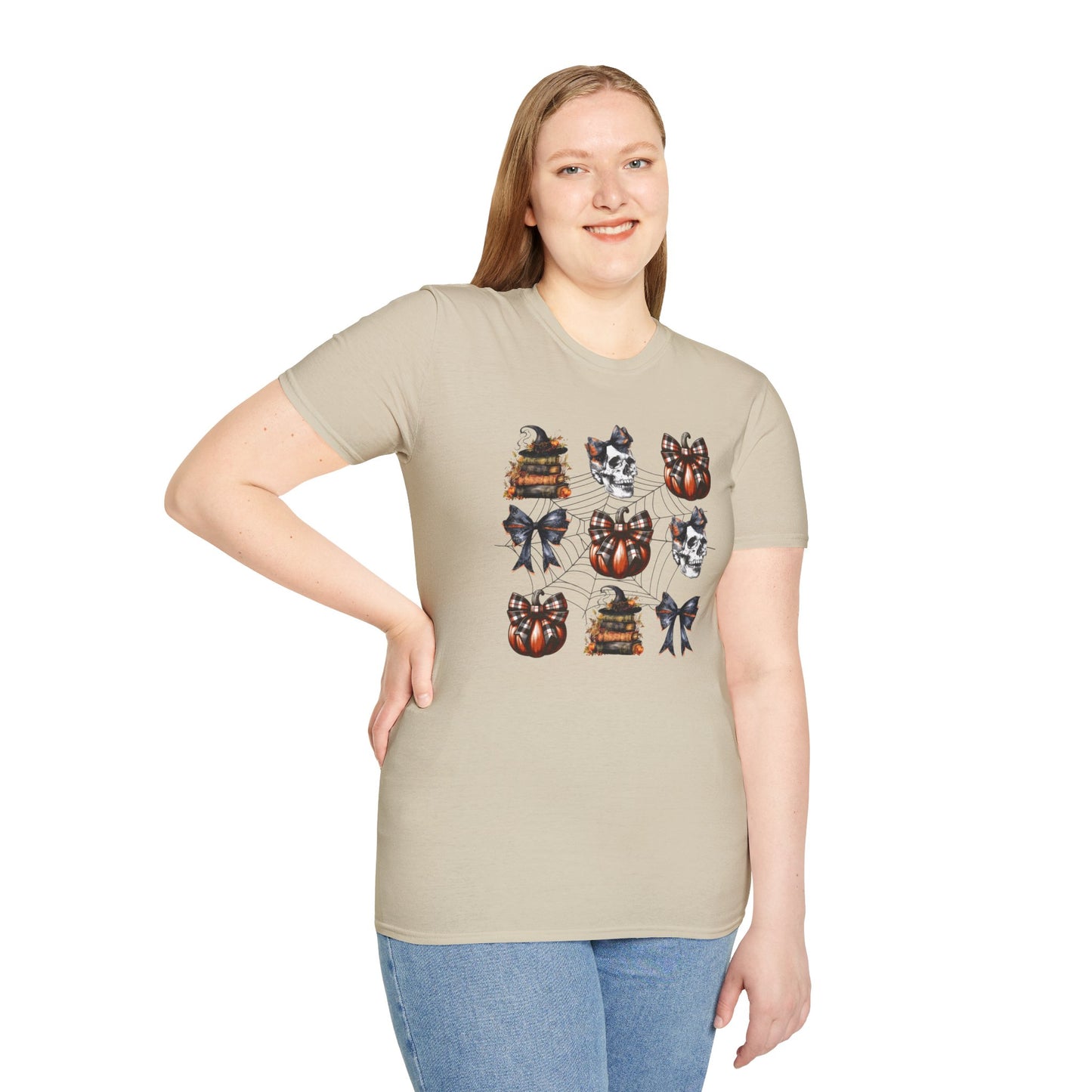 Gothic T-Shirt with Book Stacks and Pumpkins