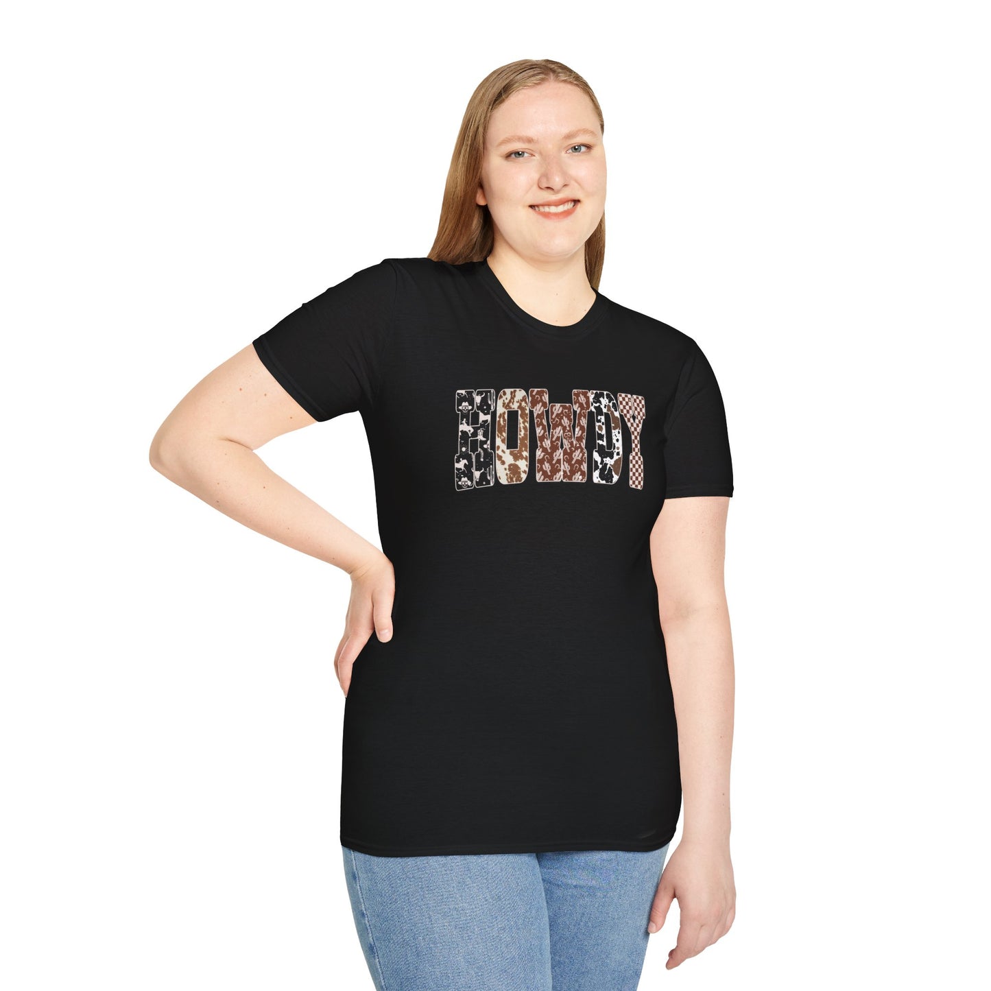Howdy Graphic T-Shirt — Western Cowhide & Checkerboard Rustic Tee