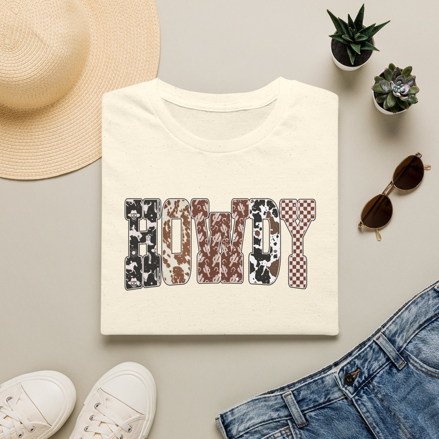 Howdy Graphic T-Shirt — Western Cowhide & Checkerboard Rustic Tee