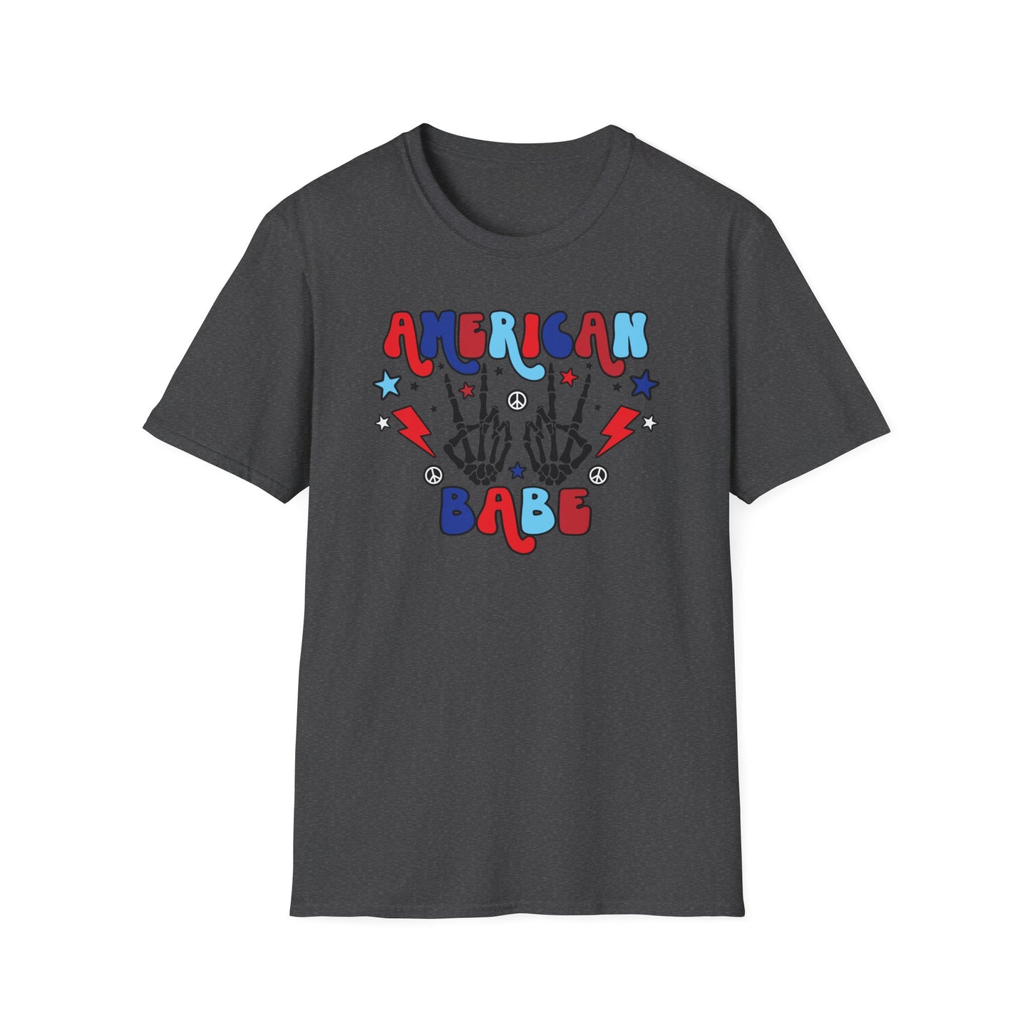 American Babe Graphic T-Shirt — Red White & Blue Peace Skeleton Hands